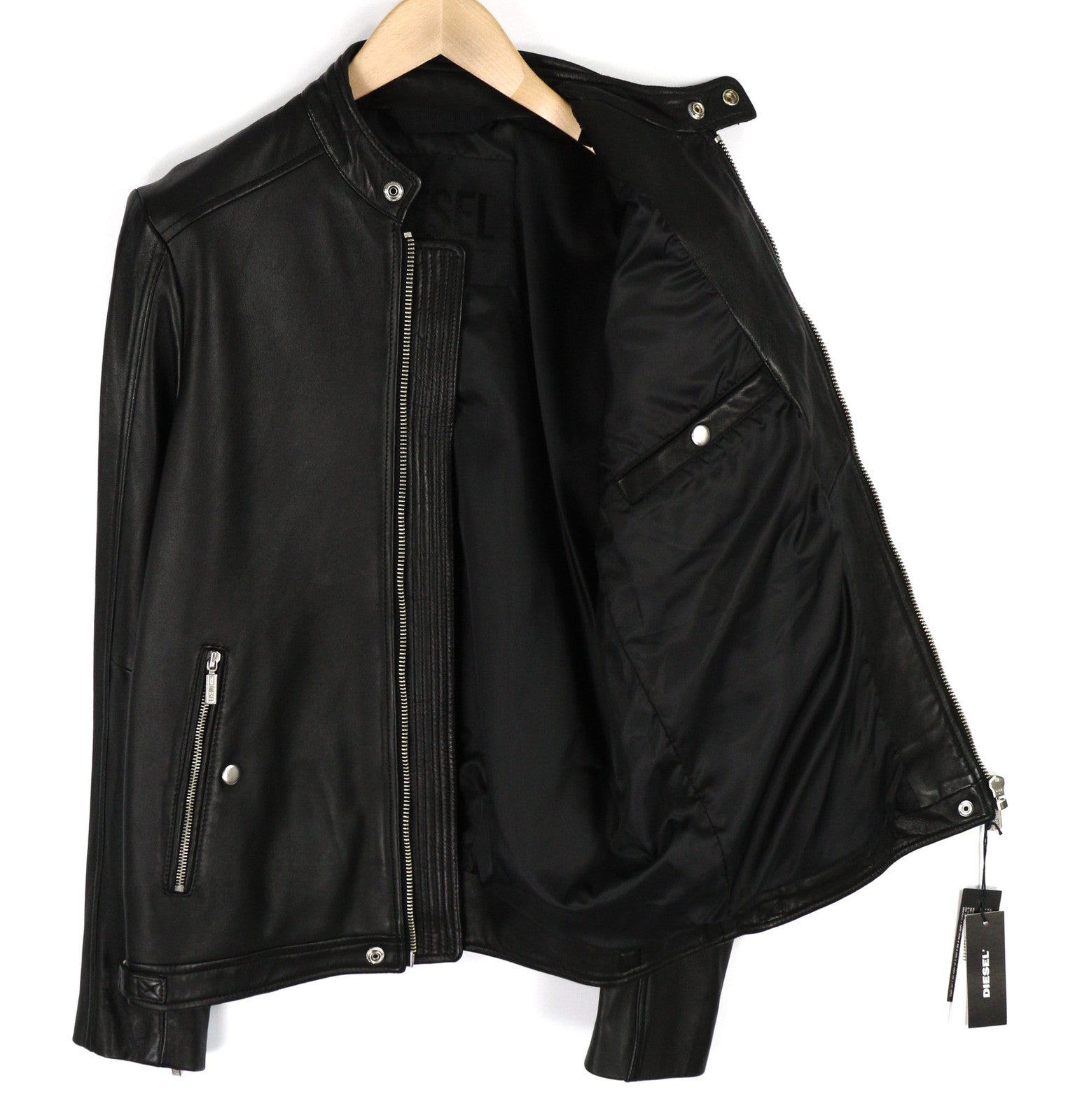 DIESEL L-Case-Ka Mens Jacket M Black Sheepskin Leather Band Collar RRP€450