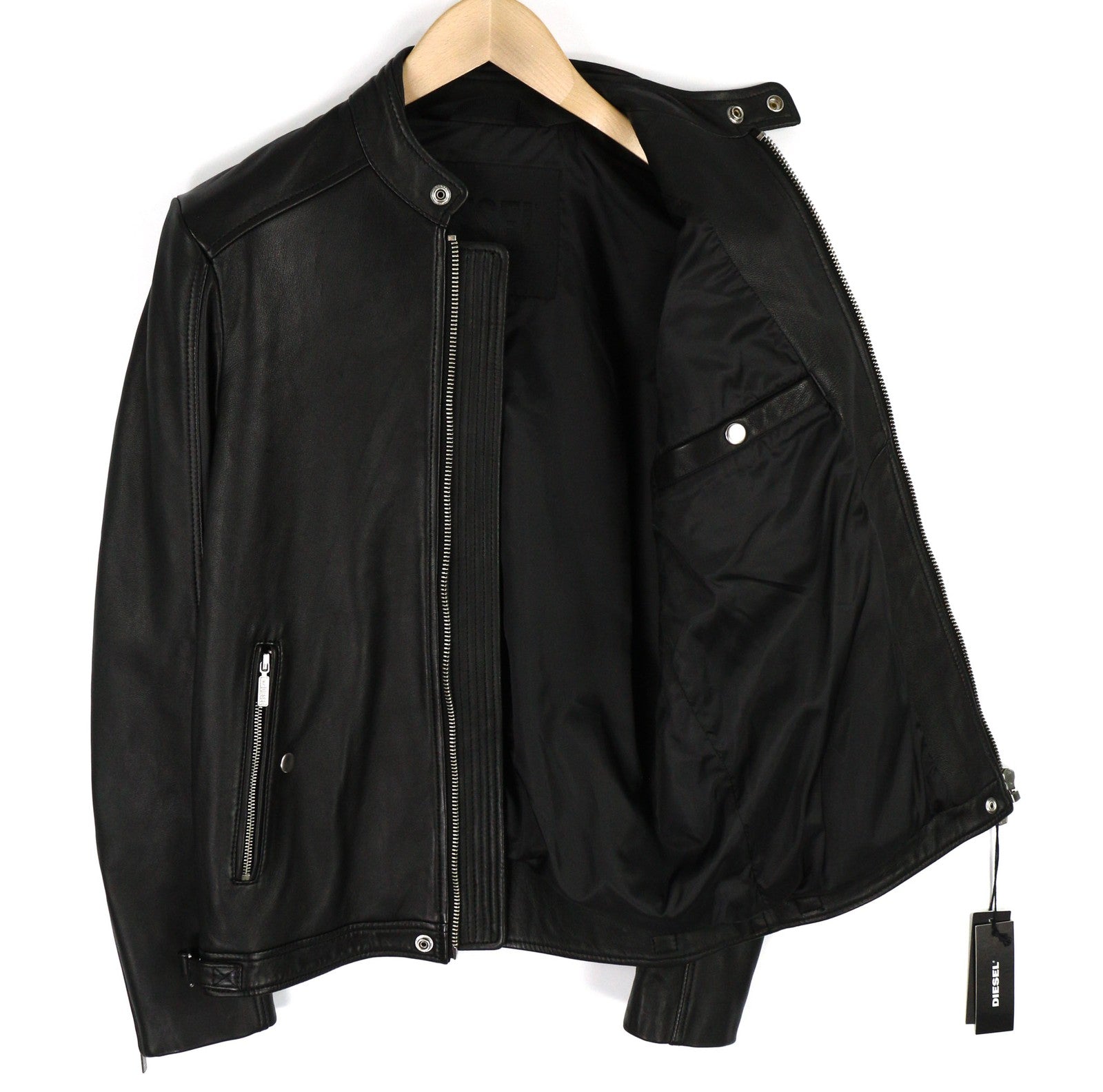 DIESEL L-Case-Ka Mens Jacket S Black Sheepskin Leather Band Collar RRP€450