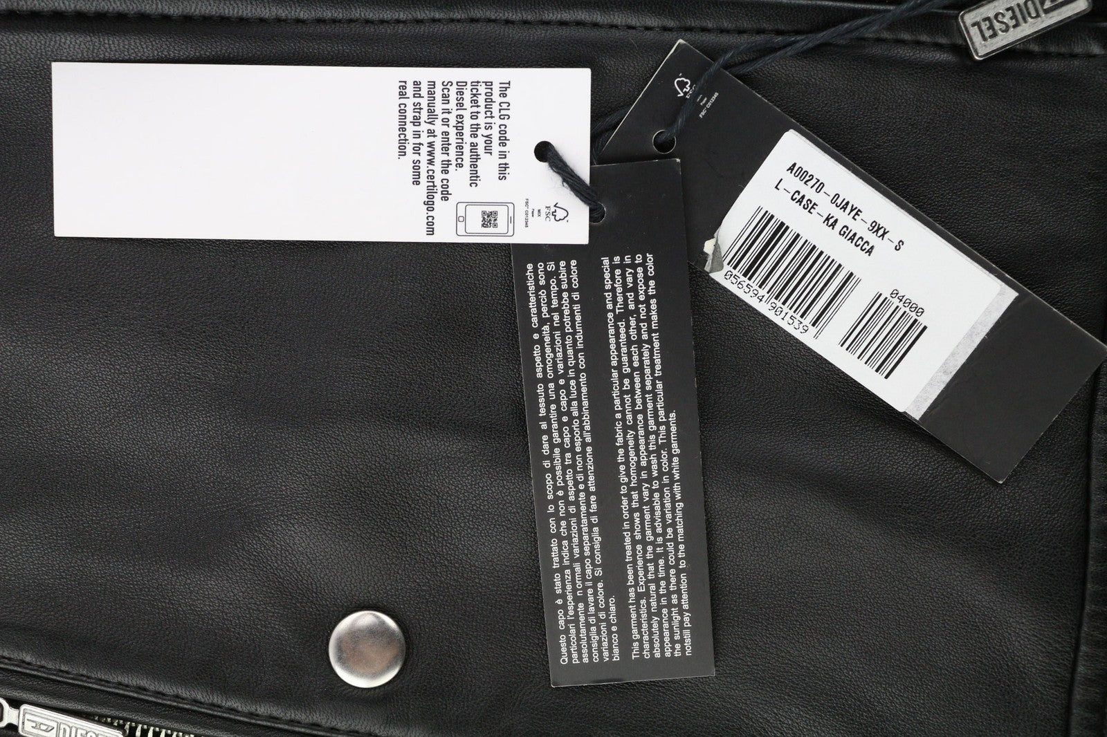 DIESEL L-Case-Ka Mens Jacket S Black Sheepskin Leather Band Collar RRP€450