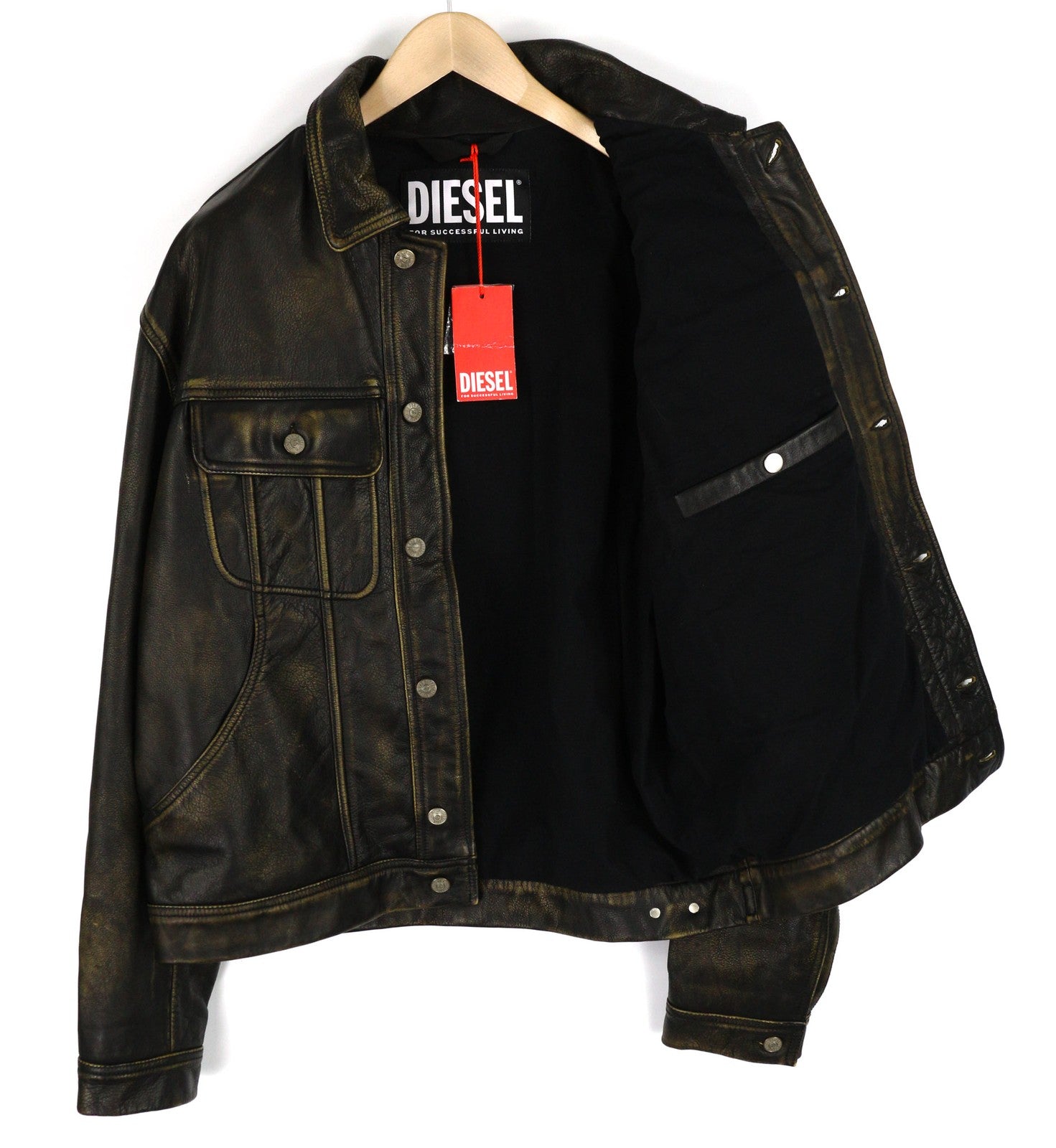 DIESEL L-Riley Mens Jacket XL Black Cowhide Leather Aged Look Button RRP€895