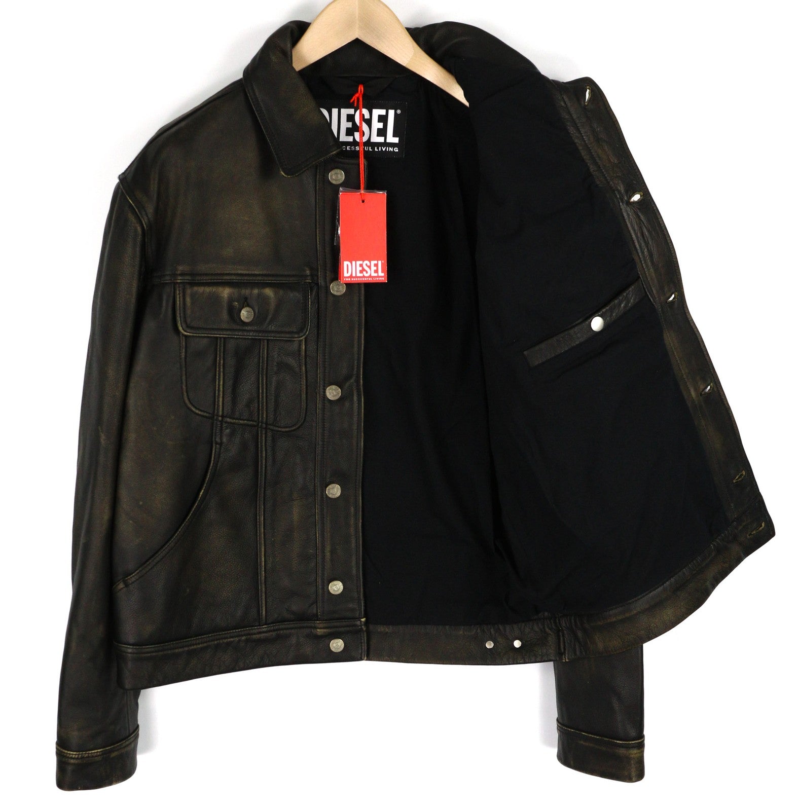 DIESEL L-Riley Mens Jacket L Black Cowhide Leather Aged Look Button Up RRP€895