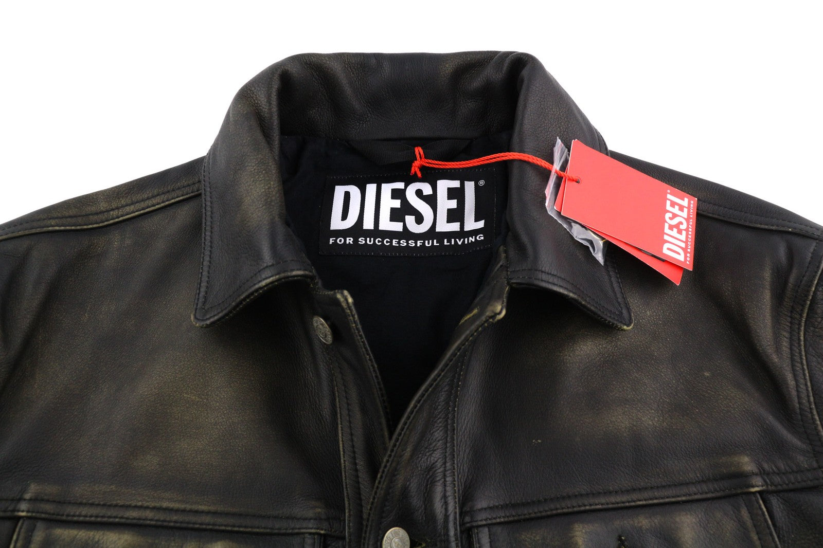 DIESEL L-Riley Mens Jacket L Black Cowhide Leather Aged Look Button Up RRP€895