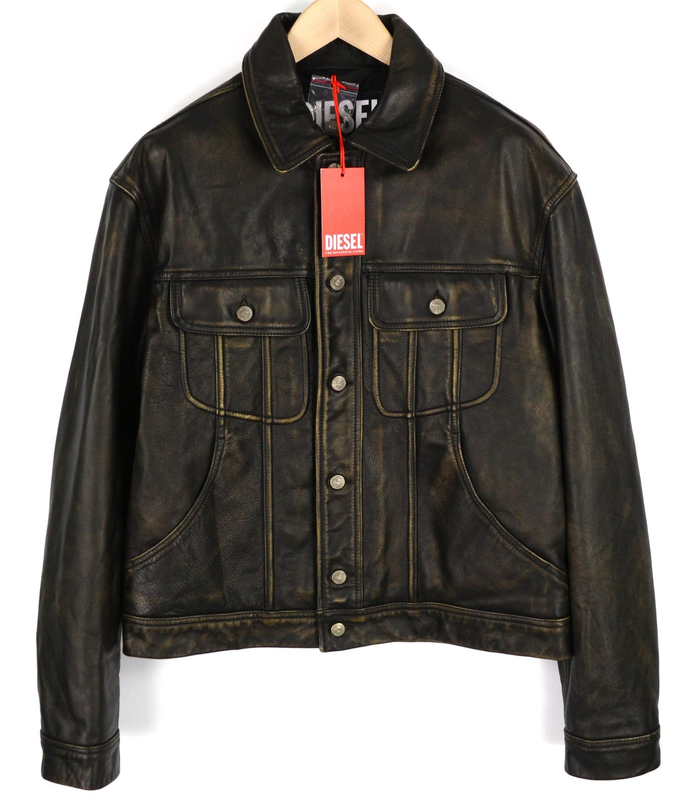 DIESEL L-Riley Mens Jacket L Black Cowhide Leather Aged Look Button Up RRP€895