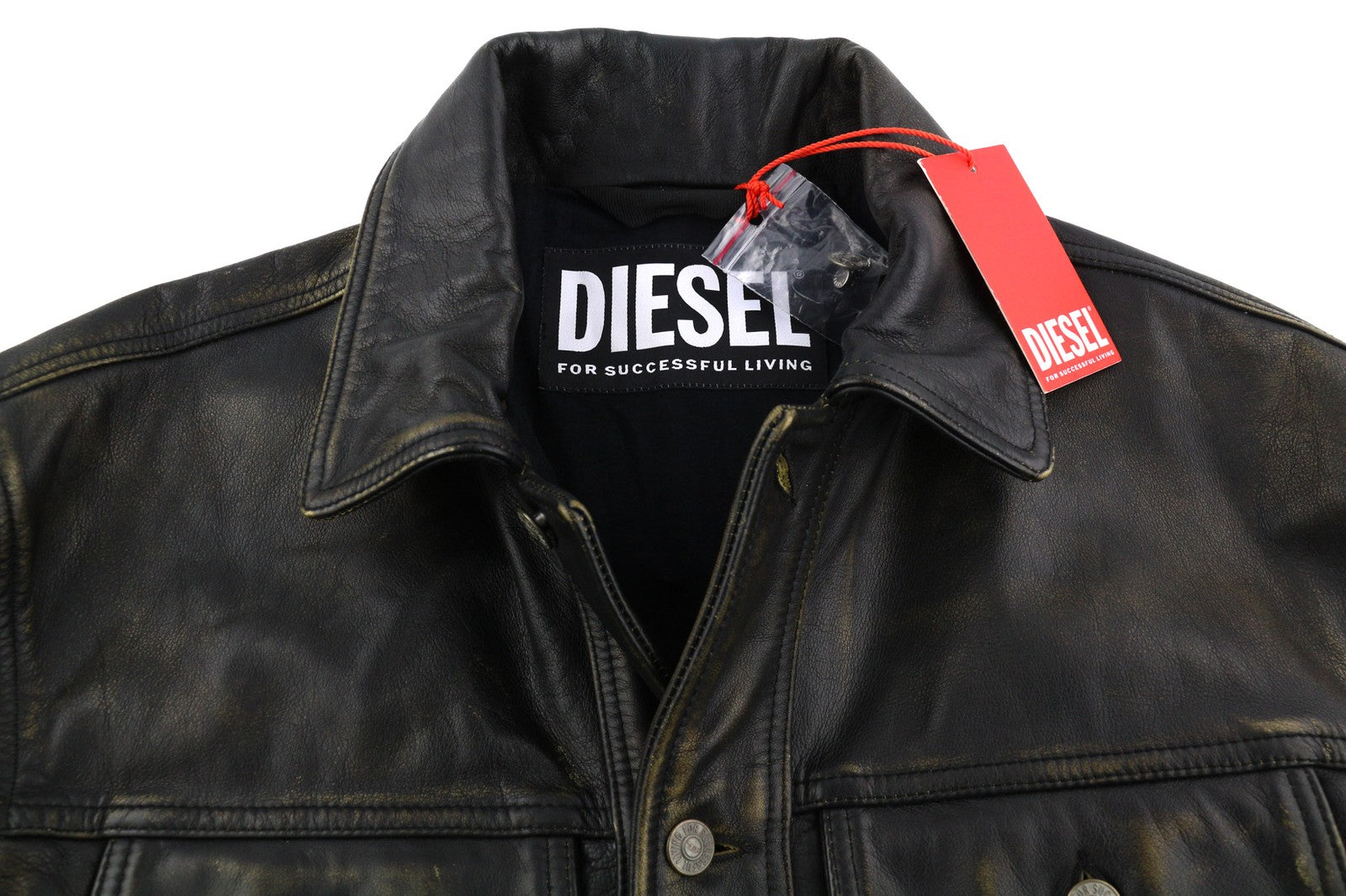 DIESEL L-Riley Mens Jacket L Black Cowhide Leather Aged Look Button Up RRP€895