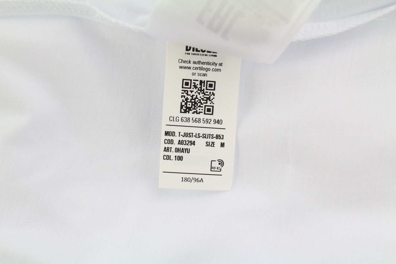 DIESEL T-Just-LS-Slits-B53 Mens T-Shirt M White Pullover Crew Neck