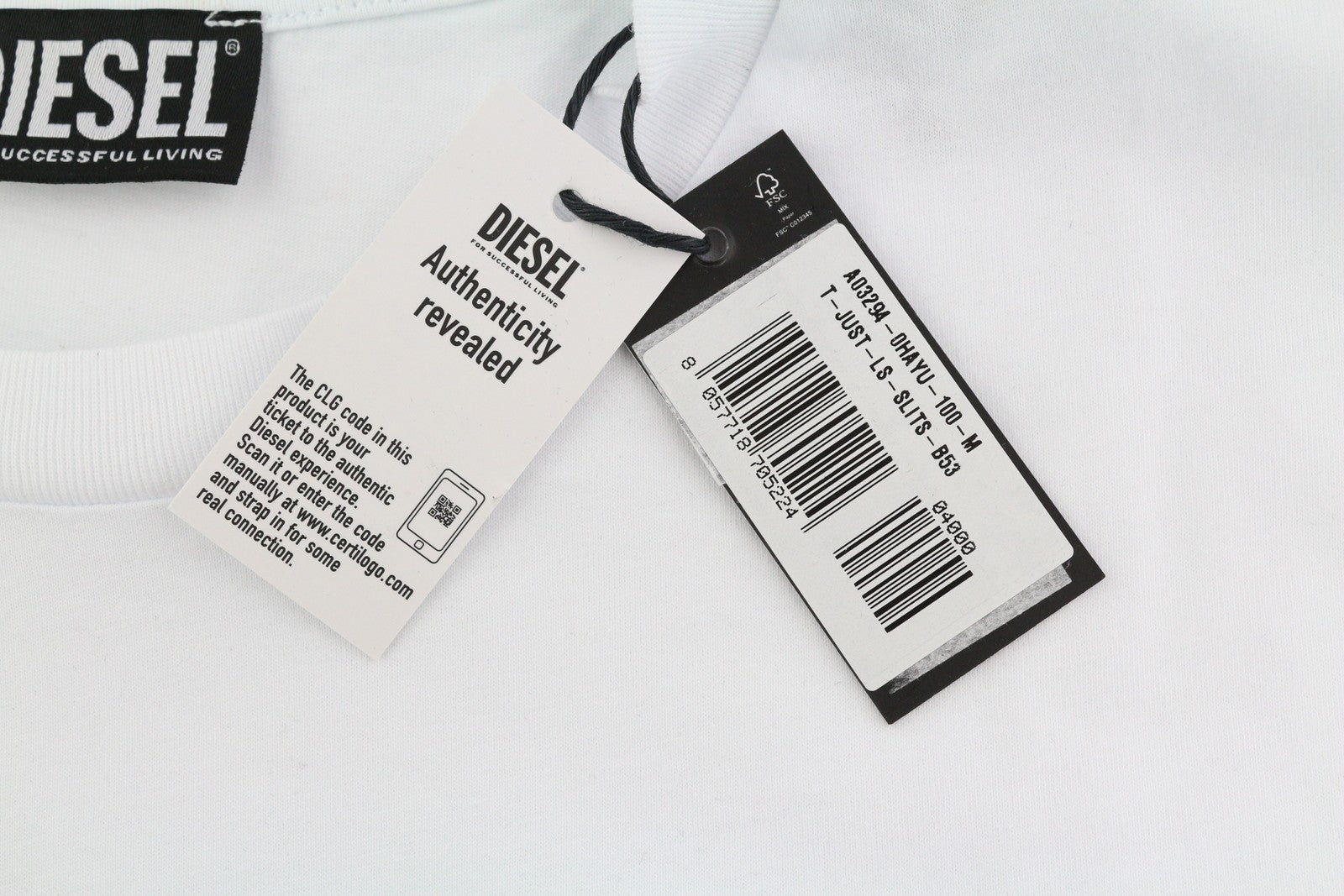 DIESEL T-Just-LS-Slits-B53 Mens T-Shirt M White Pullover Crew Neck