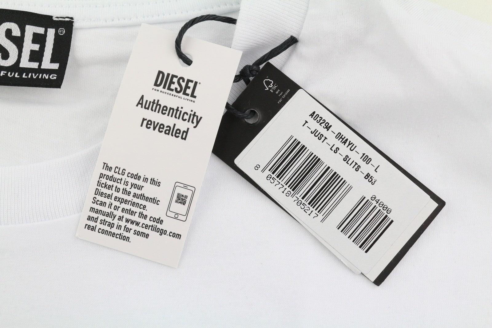 DIESEL T-Just-LS-Slits-B53 Mens T-Shirt L White Pullover Crew Collar Tricot