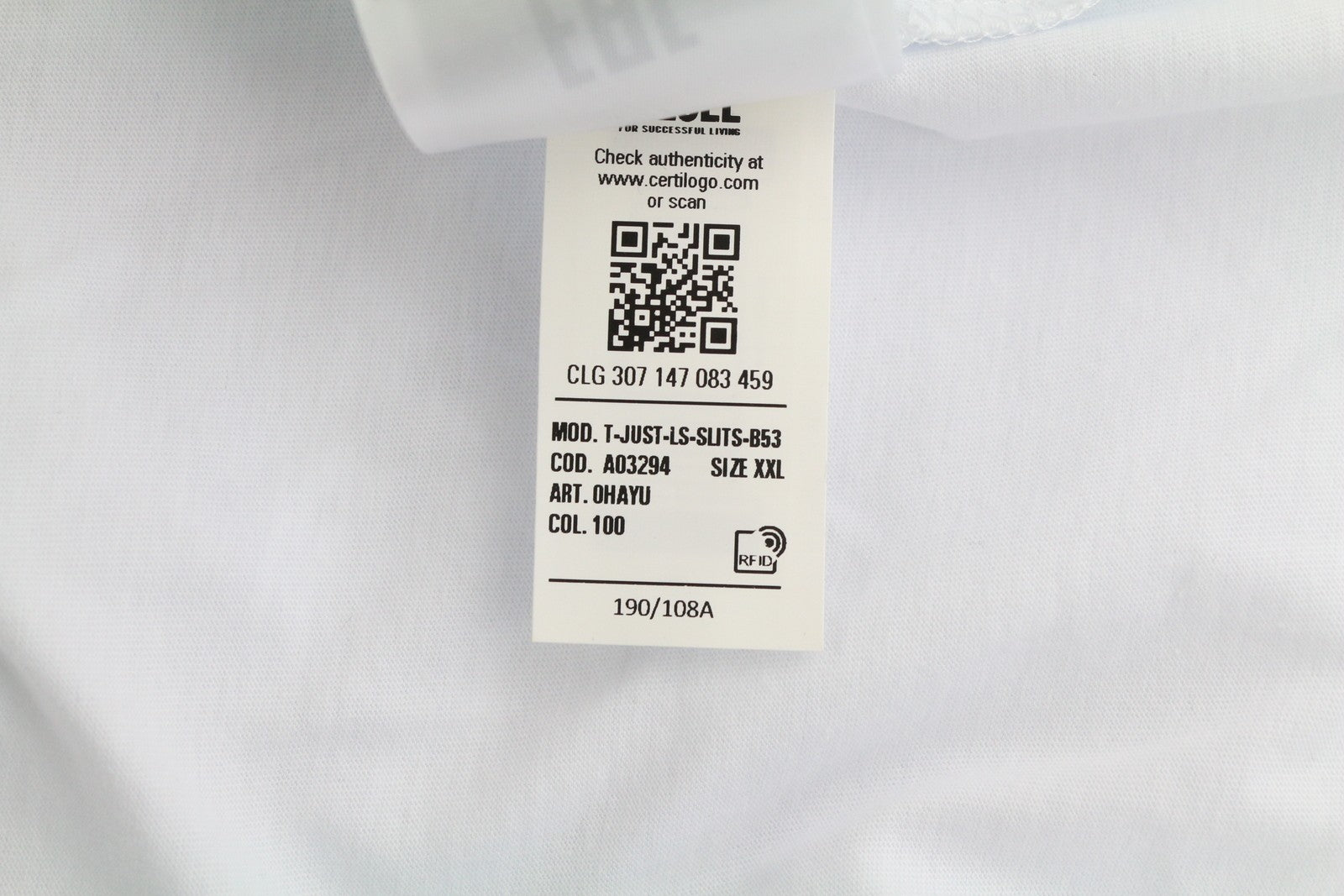 DIESEL T-Just-LS-Slits-B53 Men T-Shirt 2XL White Pullover Crew Neck