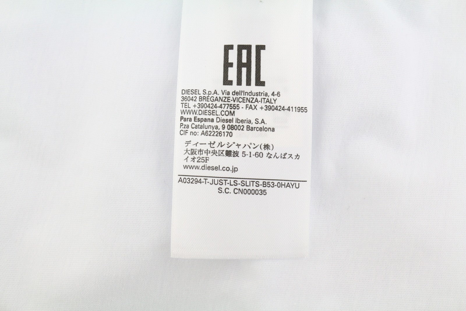 DIESEL T-Just-LS-Slits-B53 Men T-Shirt 2XL White Pullover Crew Neck