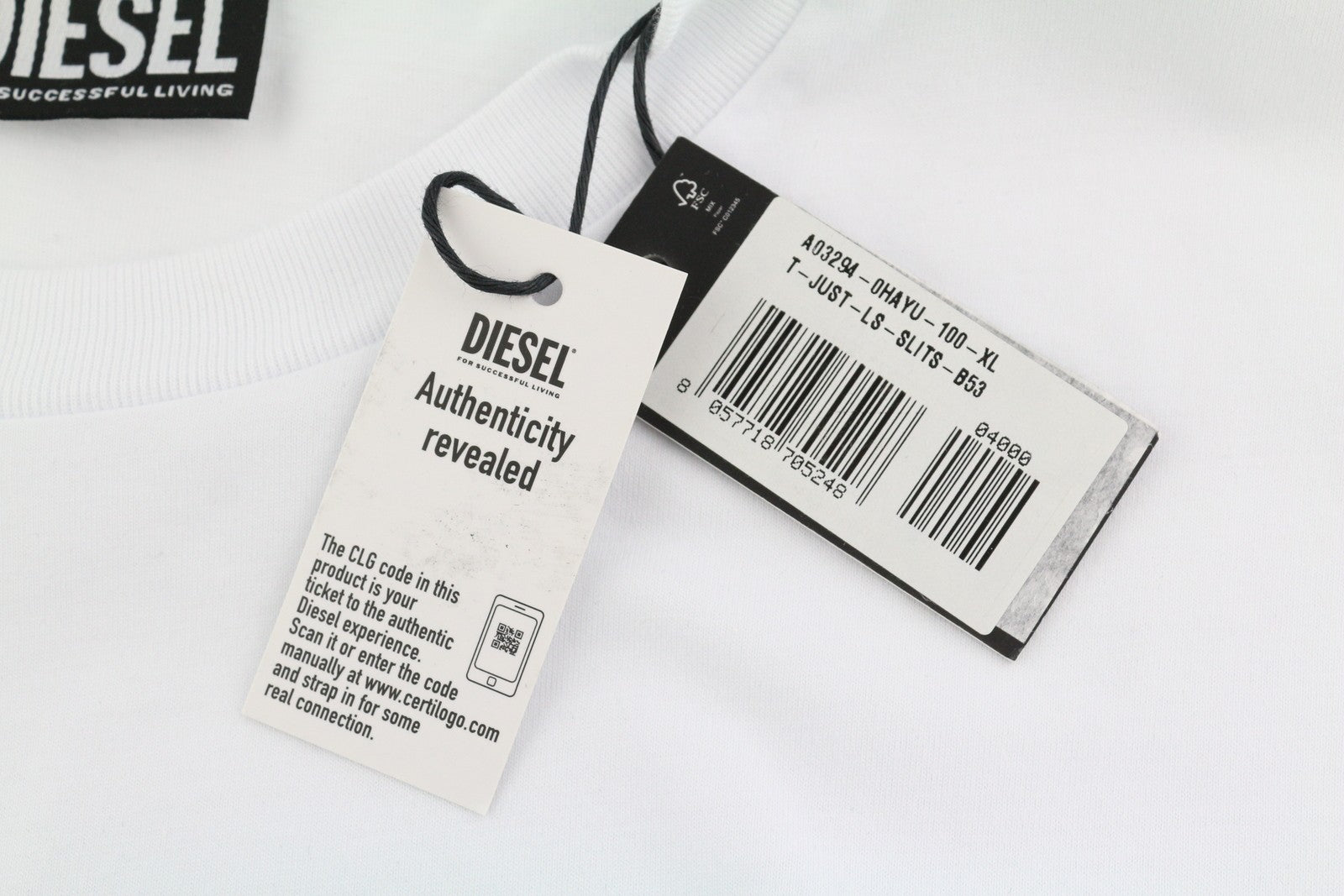 DIESEL T-Just-LS-Slits-B53 Mens T-Shirt XL White Pullover Crew Collar