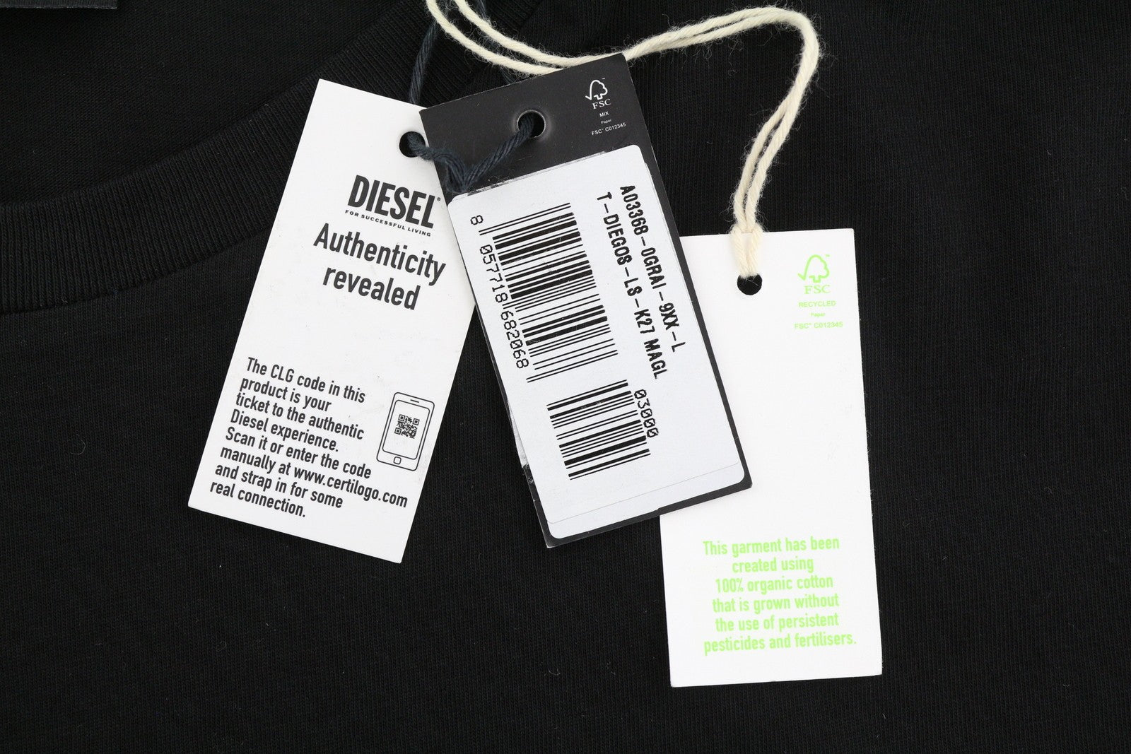 DIESEL T-Diegos-LS-K27 Mens T-Shirt L Black Pullover Crew Collar