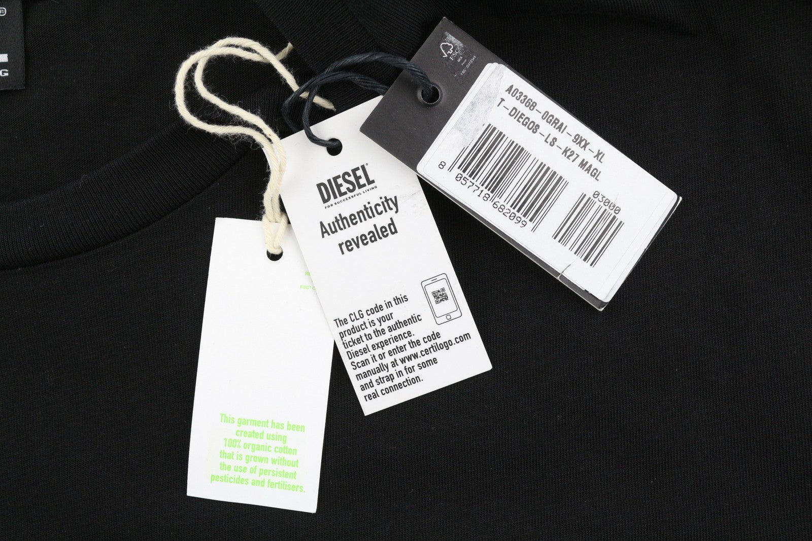 DIESEL T-Diegos-LS-K27 Men T-Shirt XL Black Pullover Crew Collar Long Sleeve