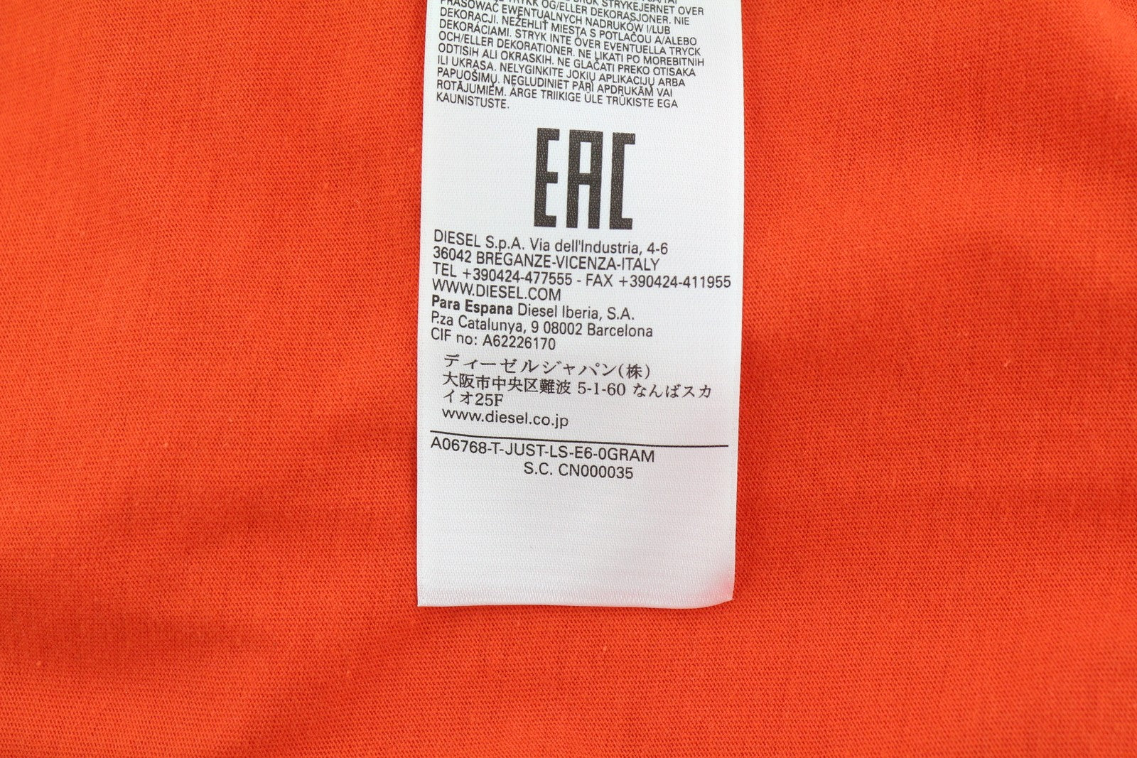 DIESEL T-Just-LS-E6 Men T-Shirt L Orange Pullover Long Sleeve Crew Collar