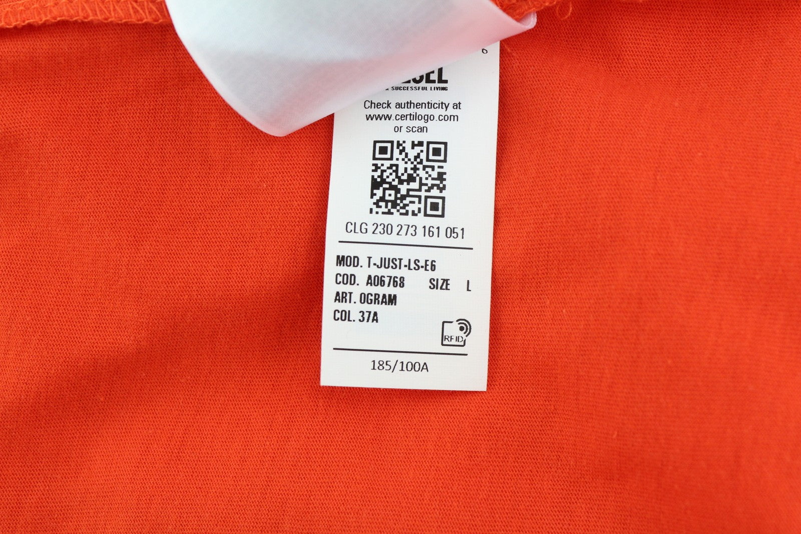 DIESEL T-Just-LS-E6 Men T-Shirt L Orange Pullover Long Sleeve Crew Collar