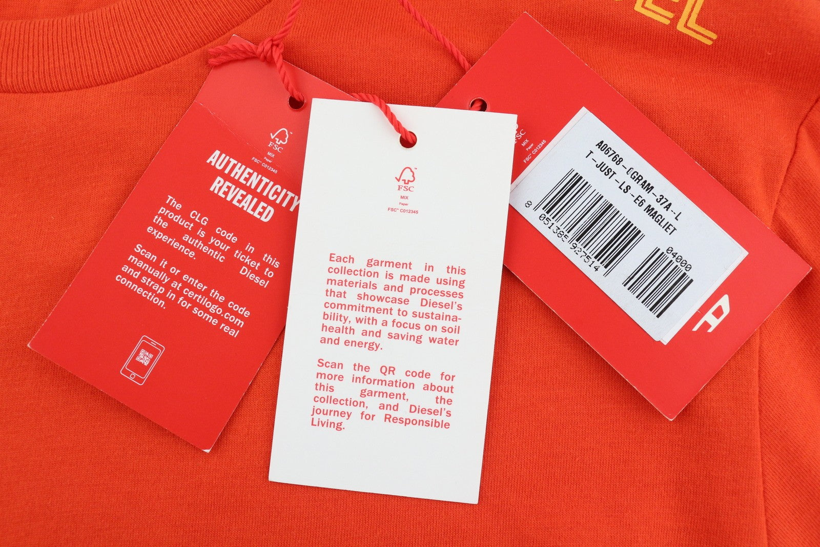 DIESEL T-Just-LS-E6 Men T-Shirt L Orange Pullover Long Sleeve Crew Collar