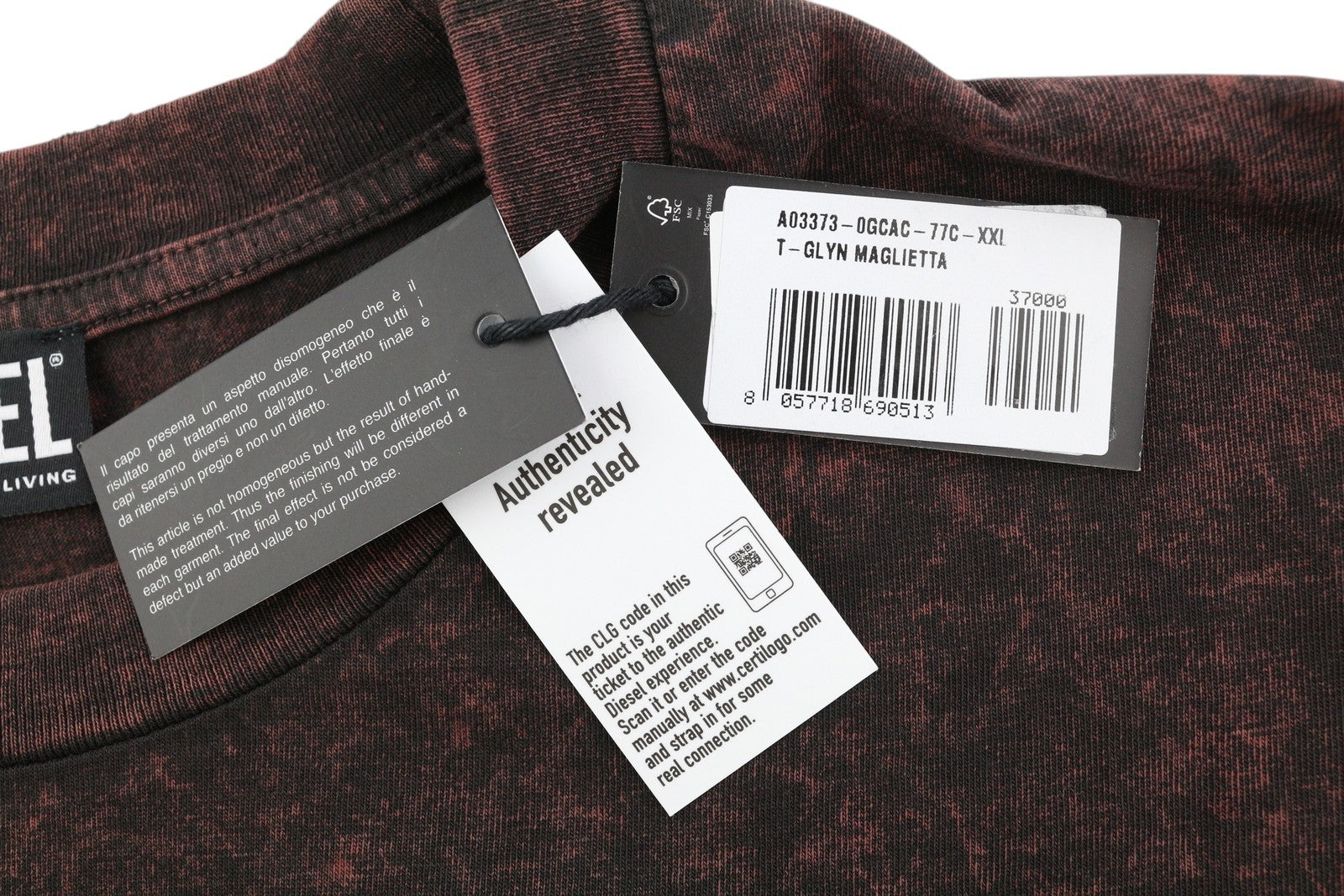 DIESEL T-Glyn Mens T-Shirt 2XL Long Sleeve Acid Wash Effect Crew Neck  RRP€12