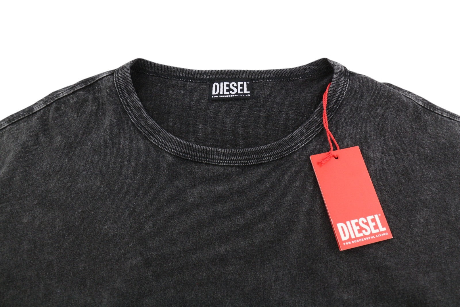 DIESEL T-Schul Mens T-Shirt L Black Washed Effect Crew Tricot Long Sleeve