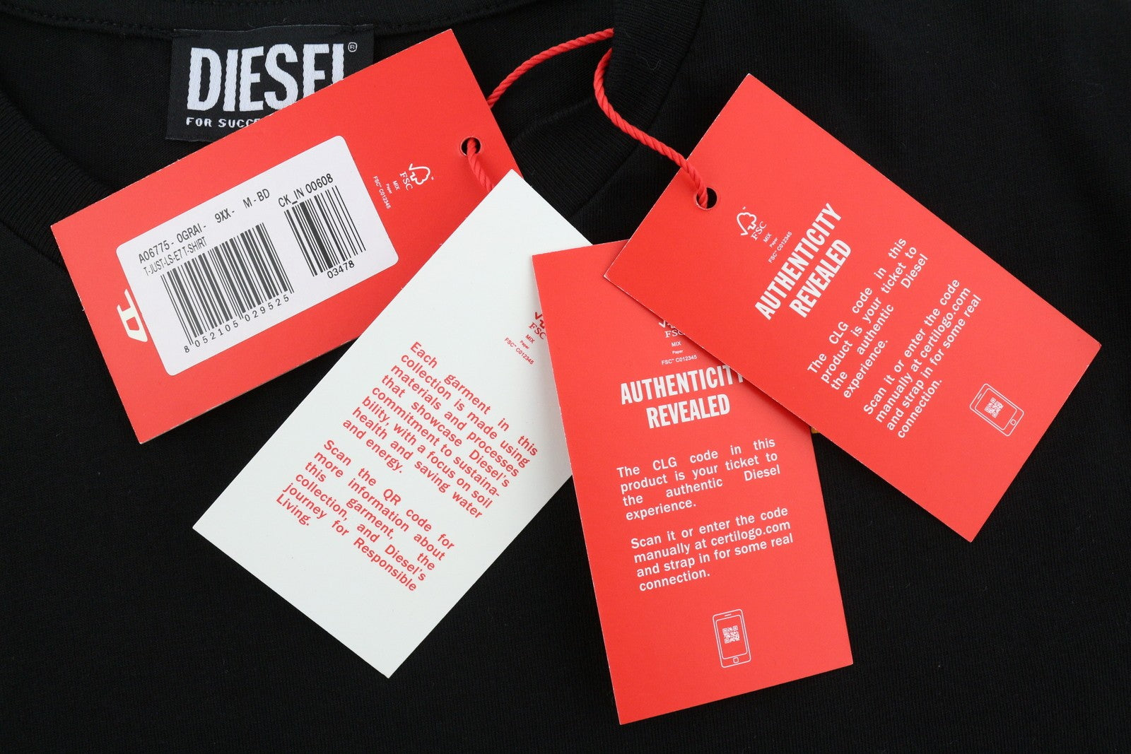 DIESEL T-Just-LS-E7 Mens T-Shirt M Black Long Sleeve Crew Neck  Print Tricot