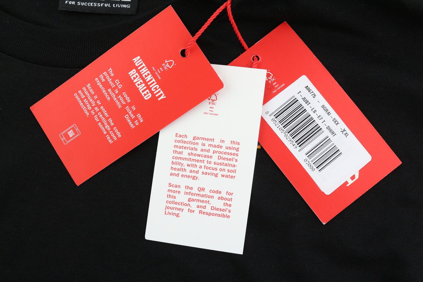 DIESEL T-Just-LS-E7 Mens T-Shirt 2XL Black Long Sleeve Crew Neck  Tricot