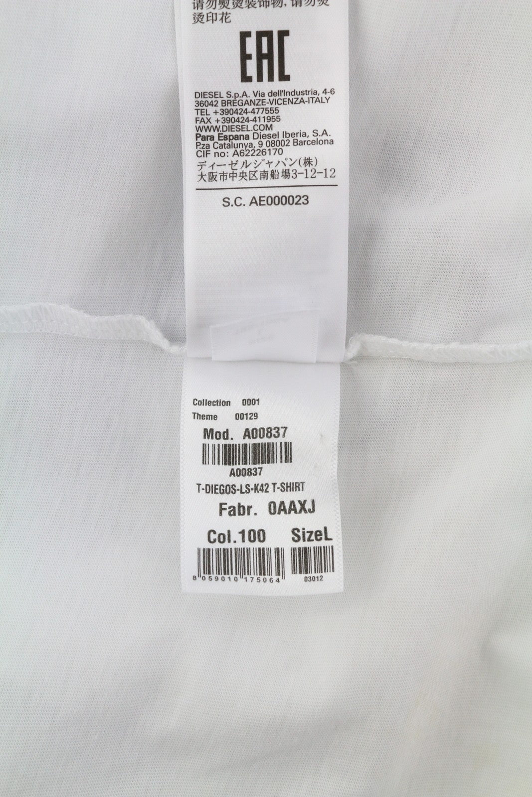 DIESEL T-Diegos-LS-K42 Mens T-Shirt L White Long Sleeve Crew Neck Tricot