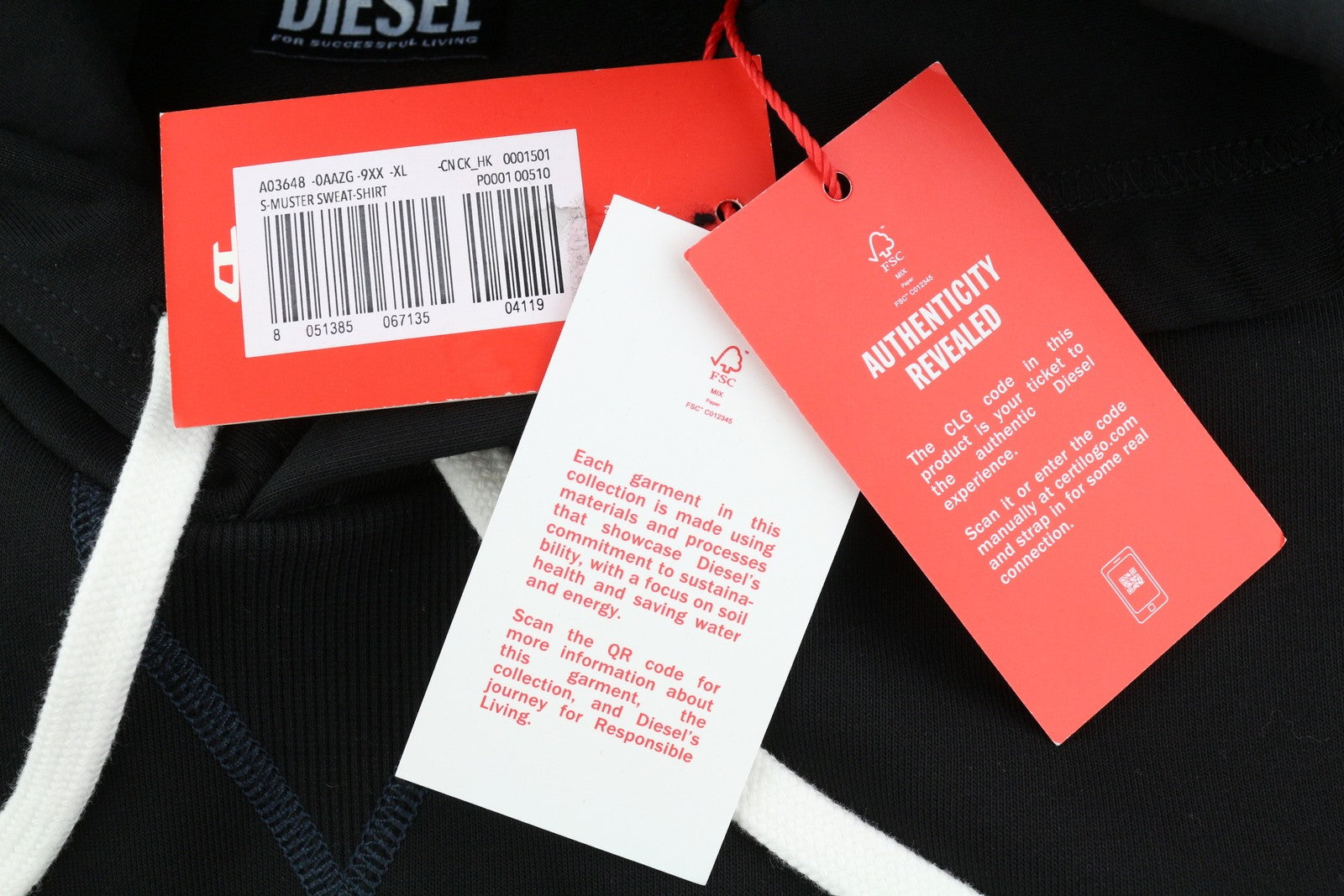 DIESEL S-Muster Mens Hoodie XL Black Pullover Hooded Oversized RRP€150