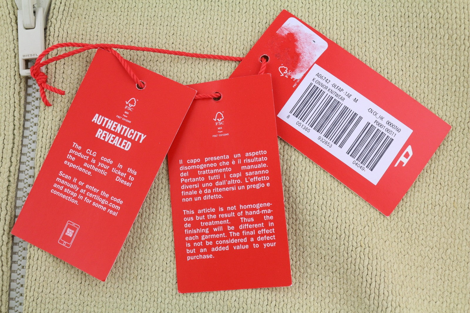 DIESEL K-Onnor Mens Hoodie M Beige Tight Knit Full Zip Long Sleeve RRP€395