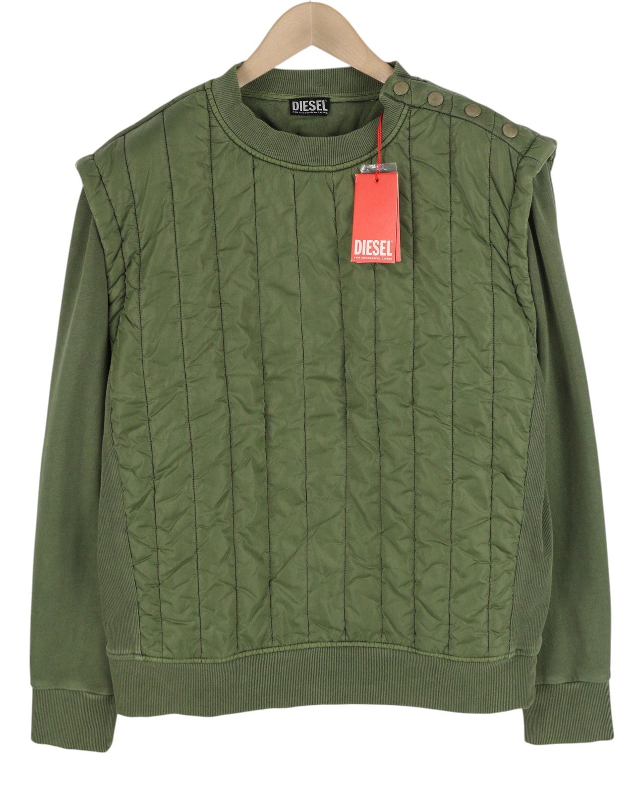 DIESEL S-Holty Mens  L Khaki Pullover Crew Neck Padded Quilted RRP€225