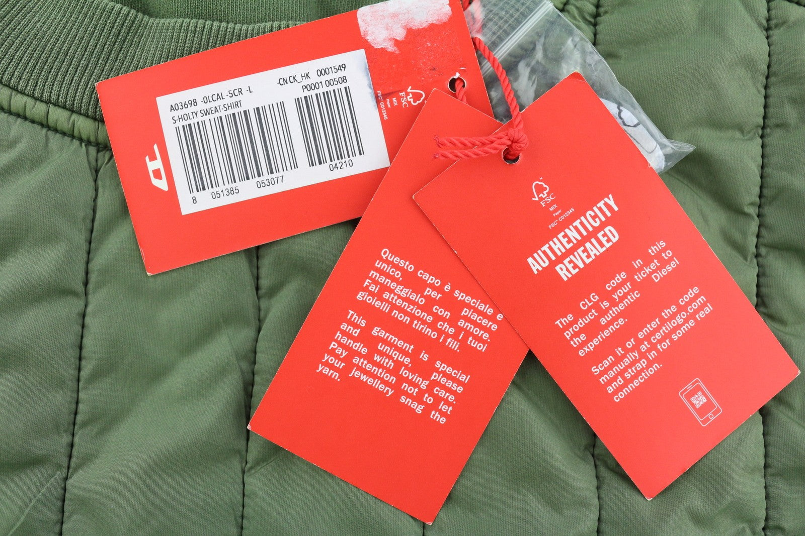 DIESEL S-Holty Mens  L Khaki Pullover Crew Neck Padded Quilted RRP€225