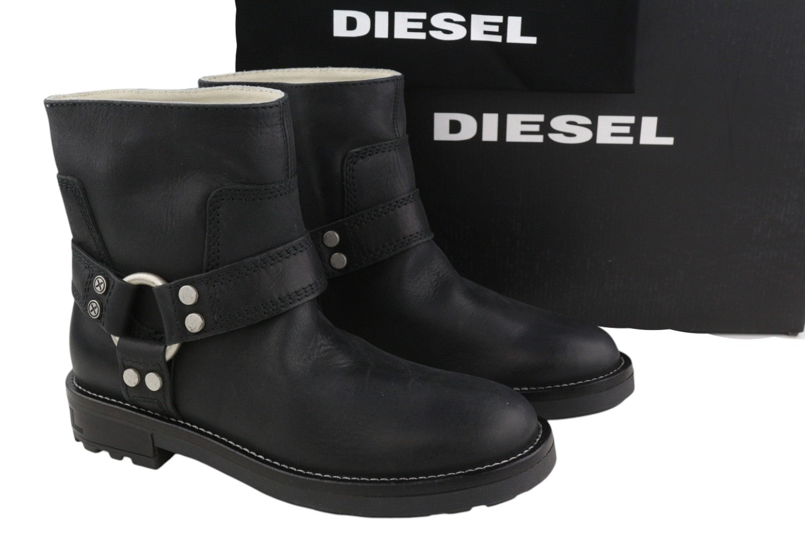 DIESEL D-Throuper Ab Womens Boots EU39 Black Leather Silver Tone RRP€280