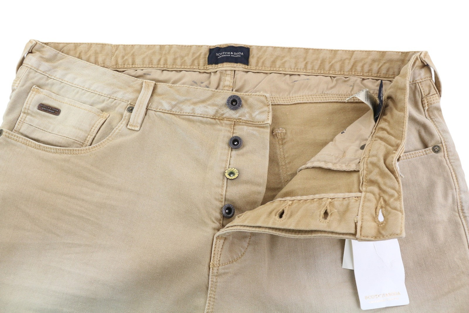 SCOTCH & SODA Men Shorts W36 Denim Washed Beige Button Fly Pockets Logo Casual