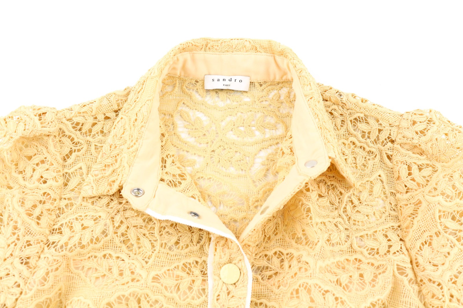 SANDRO Women Dress EU40 Beige Laced Embroidered Buttoned Short Sleeved Mini