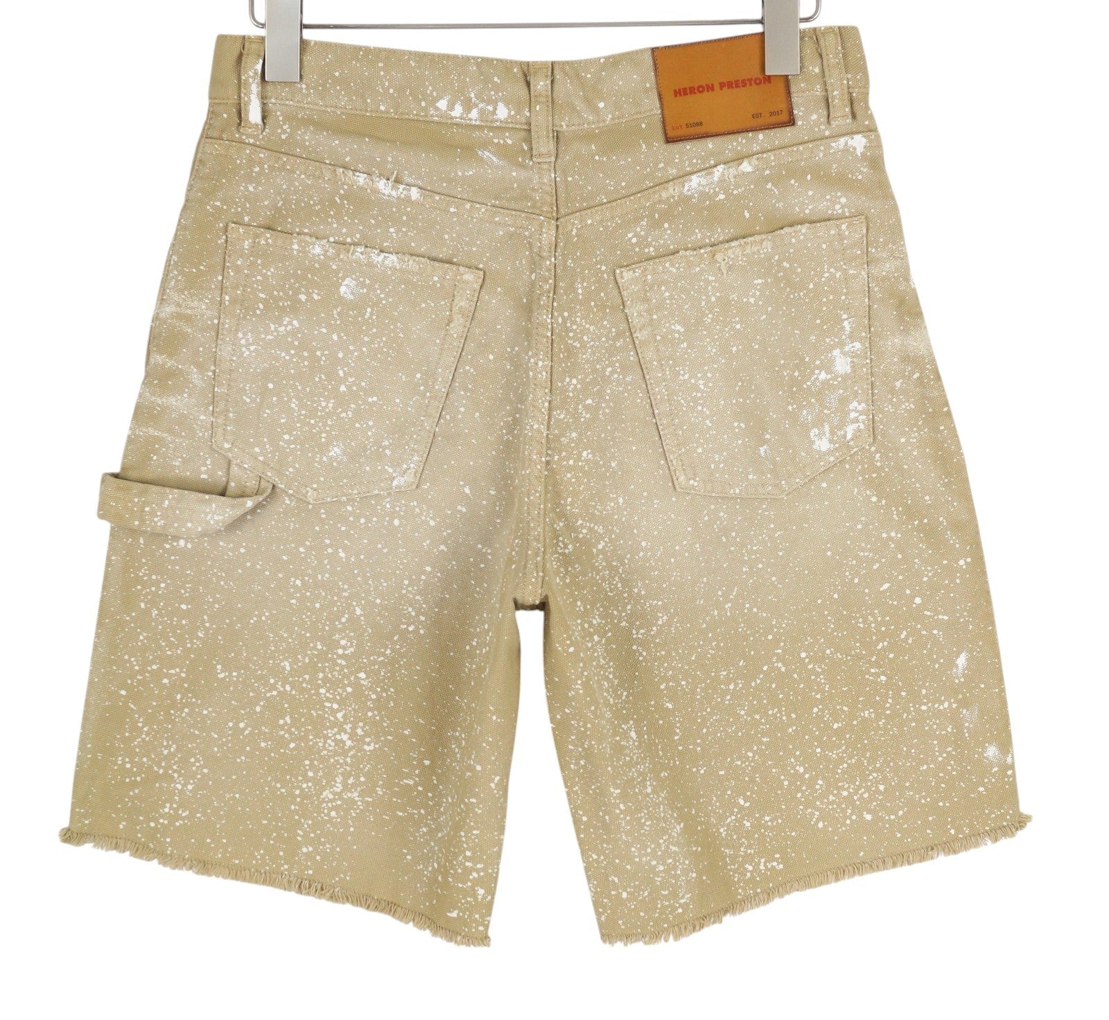 HERON PRESTON Men Shorts M Denim Beige Distress Painted Button Fly Logo Casual