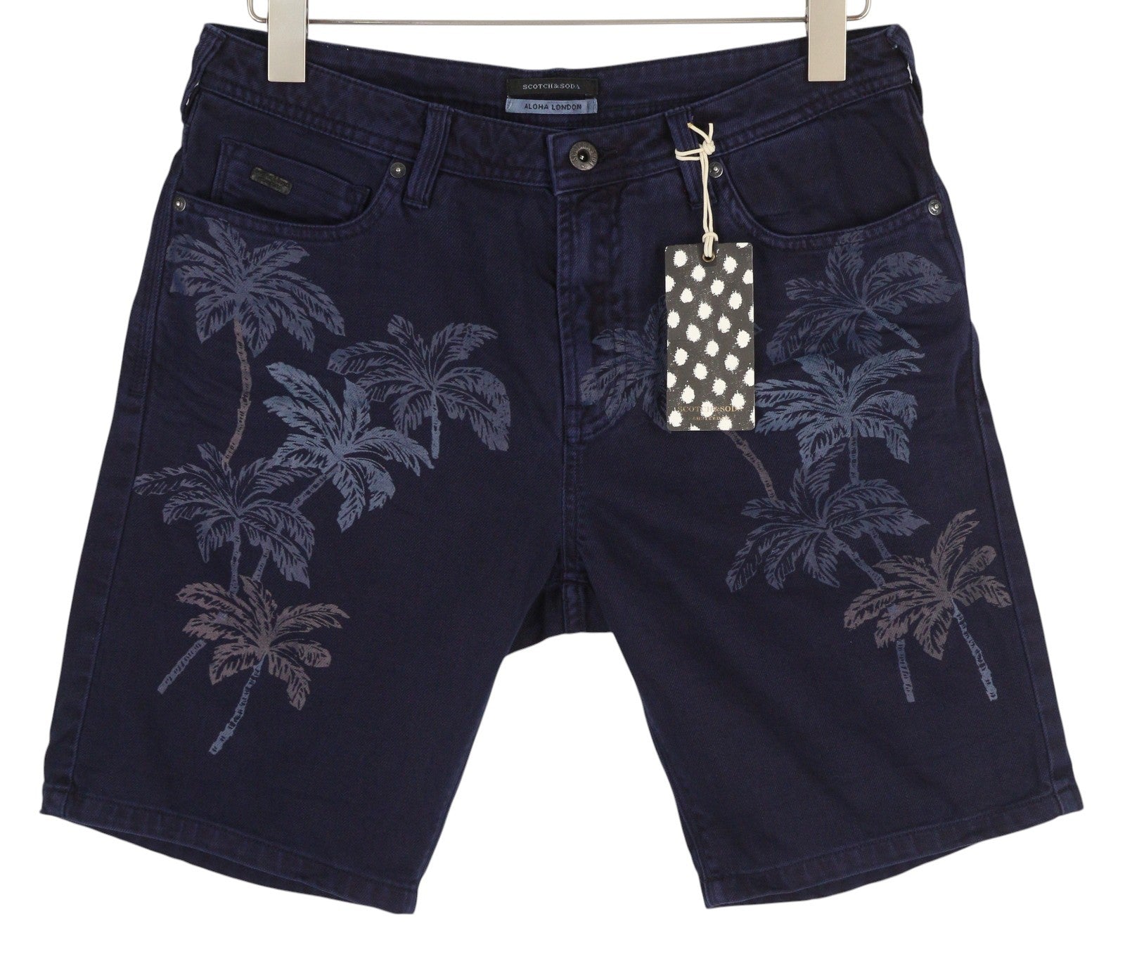 SCOTCH & SODA Men Shorts ~W30 Denim Dark Blue Palm Tree Print Zip Fly Casual