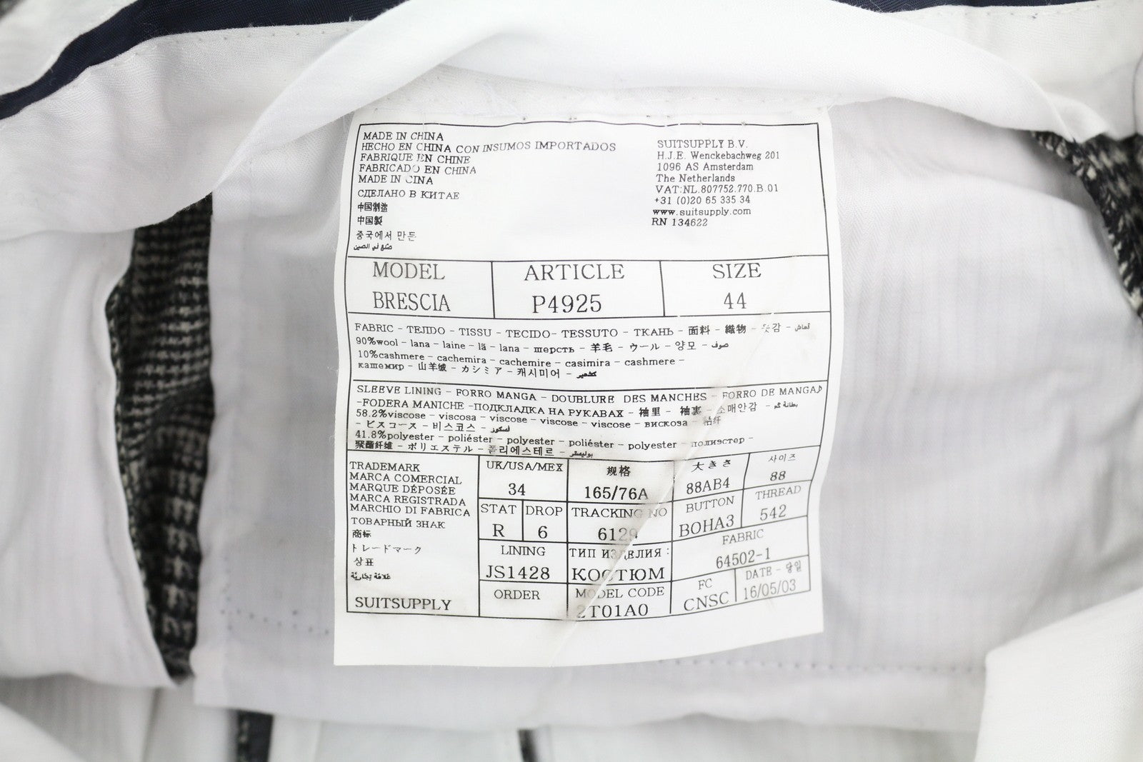 SUITSUPPLY Brescia Men Trousers UK34R Grey Plaid Wool Cashmere Turn-Up Slim