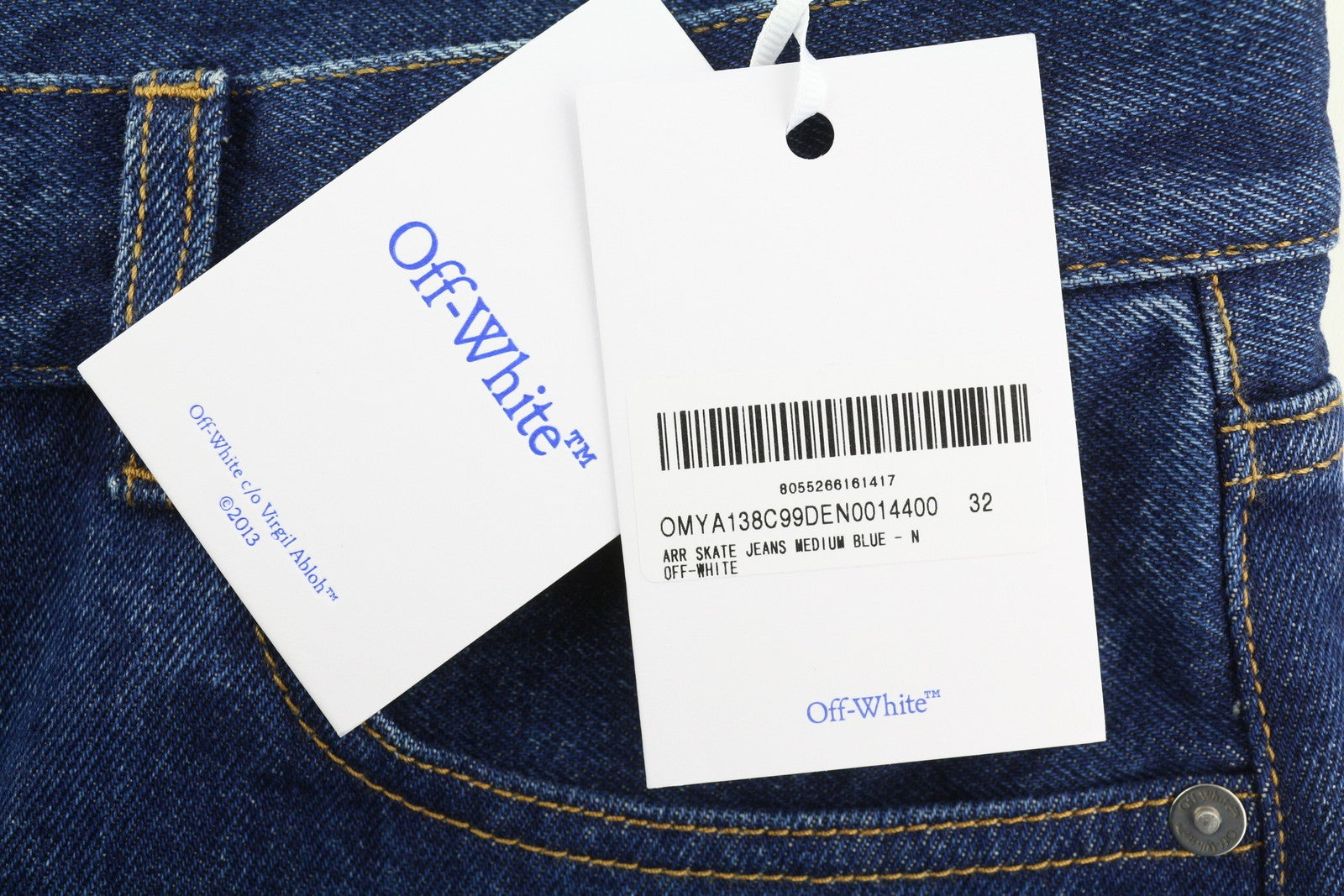OFF-WHITE Arr Skate Men Jeans W32 Denim Washed Blue Regular Fit Button Fly Logo