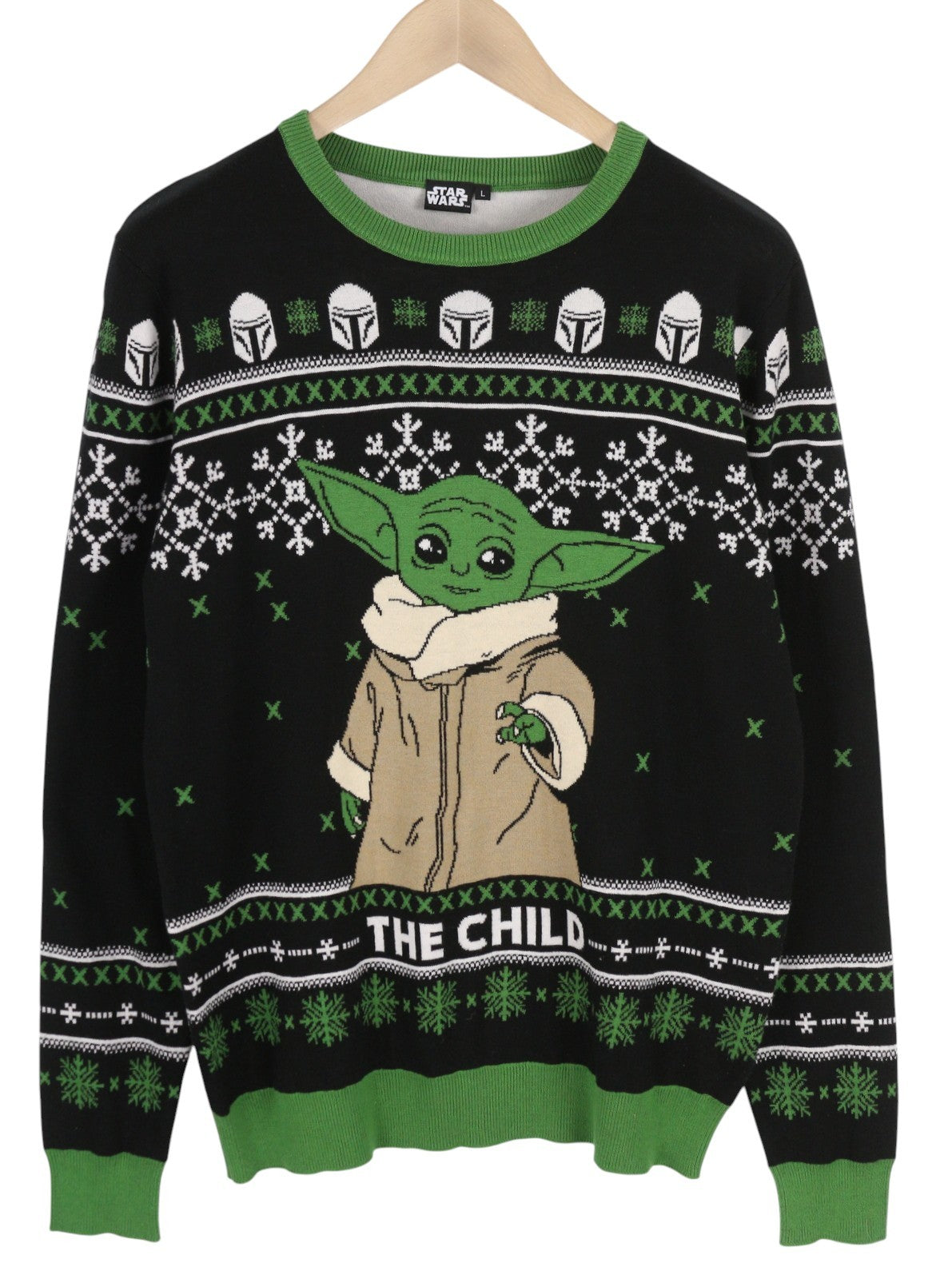 STAR WARS Men Jumper L Pullover Yoda Print Knitted Crew Neck Long Sleeve Black