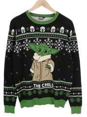 STAR WARS Men Jumper L Pullover Yoda Print Knitted Crew Neck Long Sleeve Black