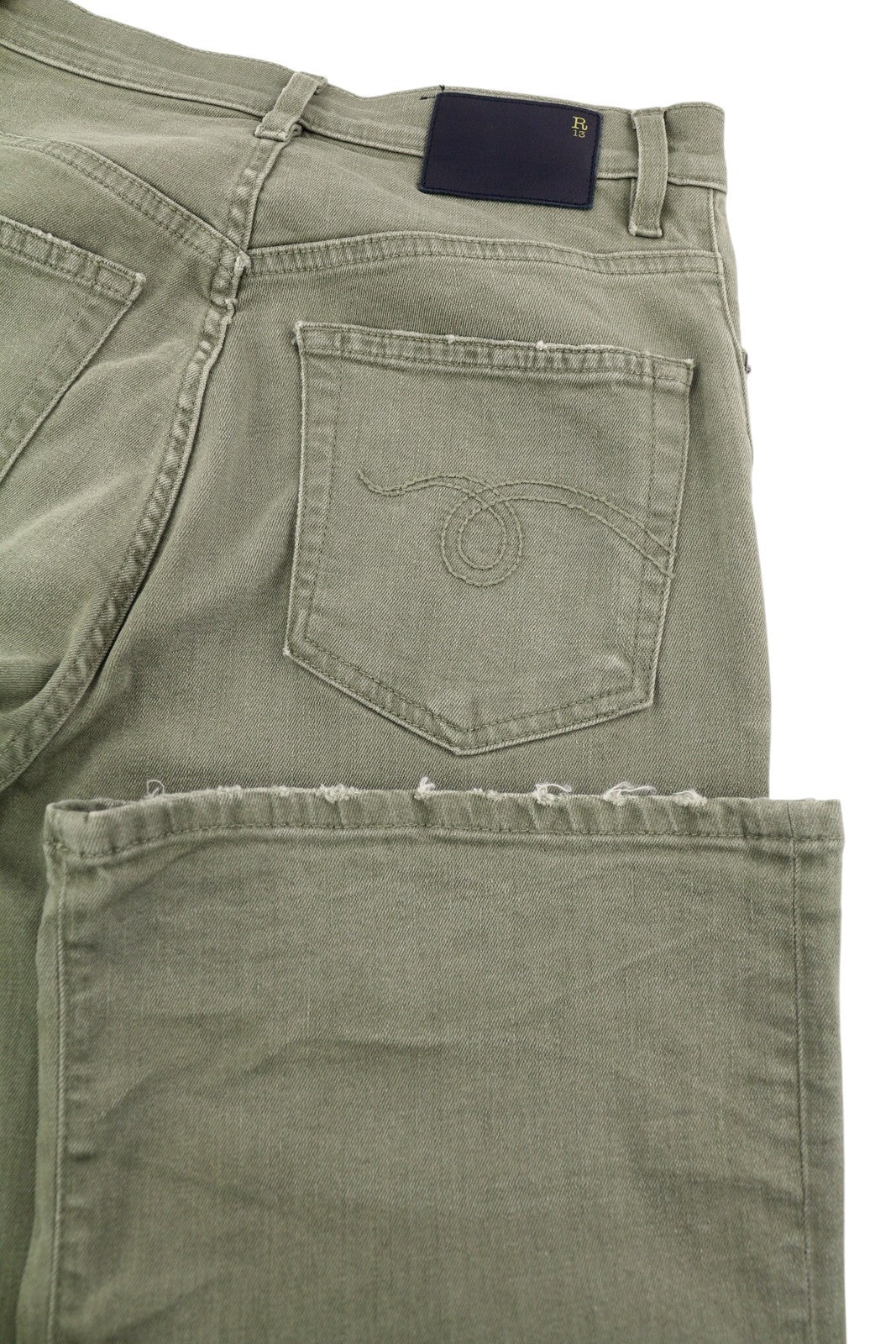 R13 Jane Women Jeans 27 Loose Straight High Waist Olive Green Stretch RRP€645