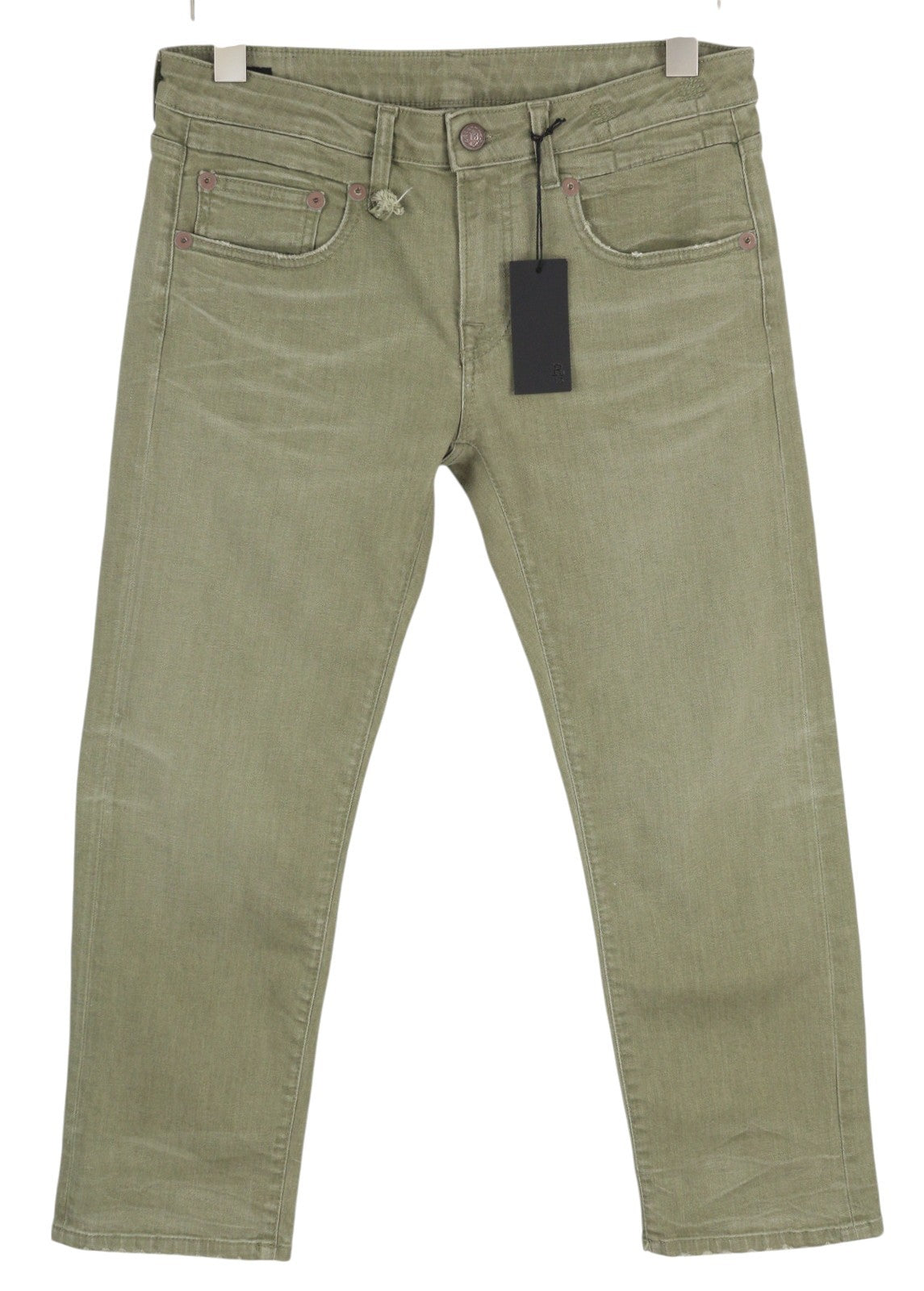 R13 Boy Straight Women Jeans 27 Ankle Cropped Washed Olive Green Stretch RRP€695