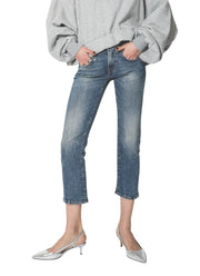 R13 Boy Straight Women Jeans 27 Ankle Cropped Washed Blue Kelly Stretch RRP€645