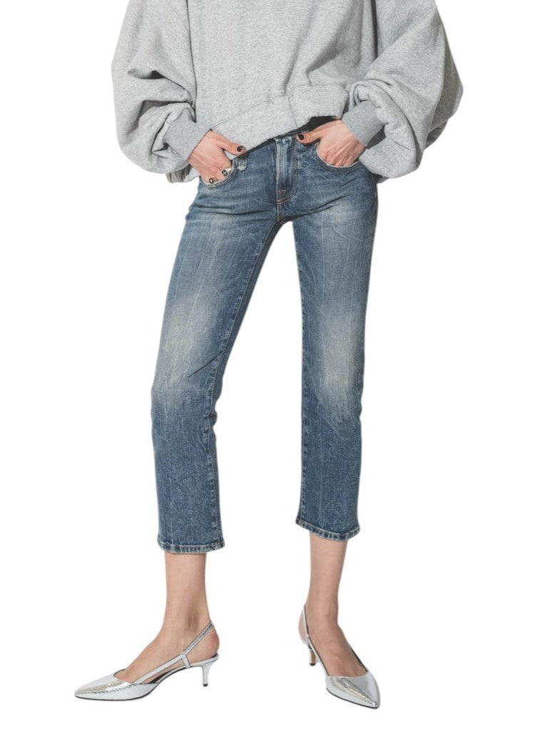 R13 Boy Straight Women Jeans 26 Ankle Cropped Washed Blue Kelly Stretch RRP€645