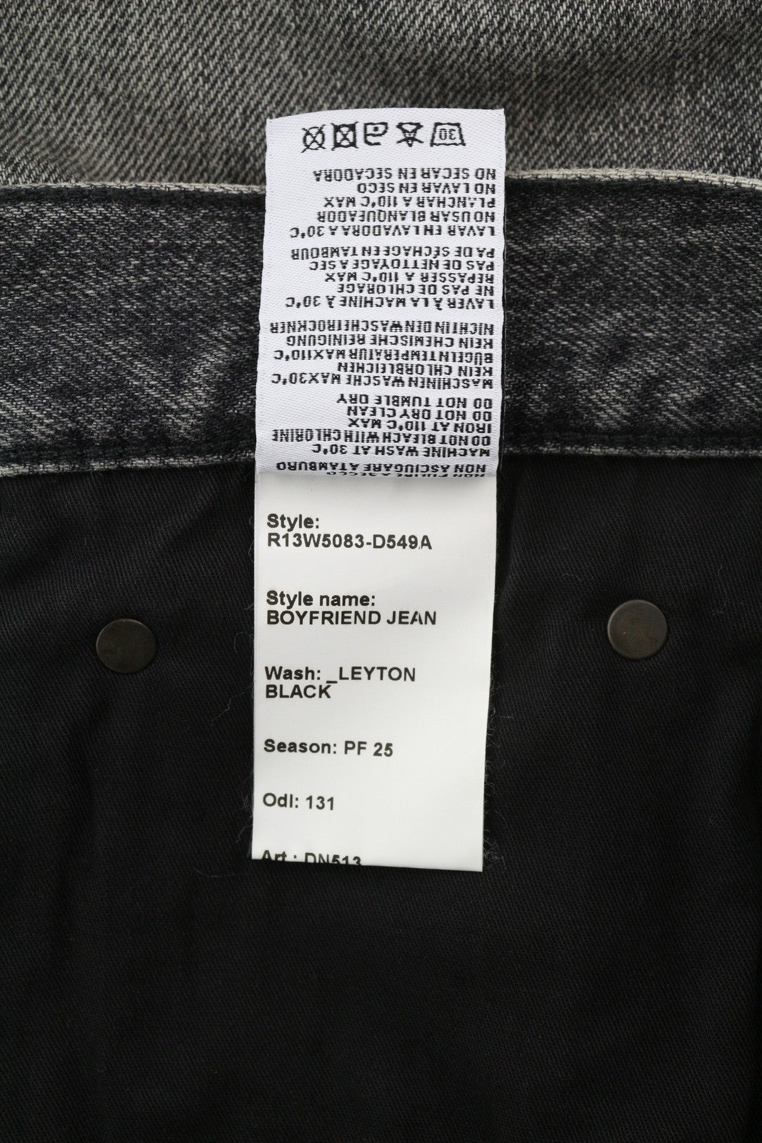 R13 Boyfriend Women Jeans 29 Straight Fit Zip Fly Washed Leyton Black Denim