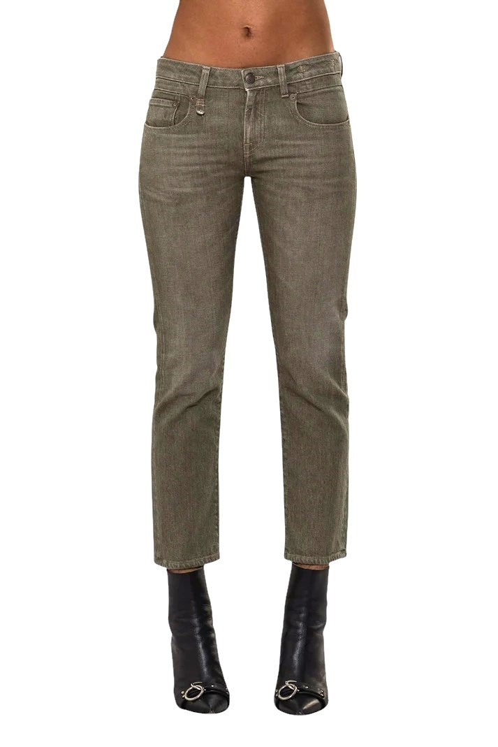 R13 Boy Straight Women Jeans 27 Slim Straight Cropped Army Green Stretch RRP€695