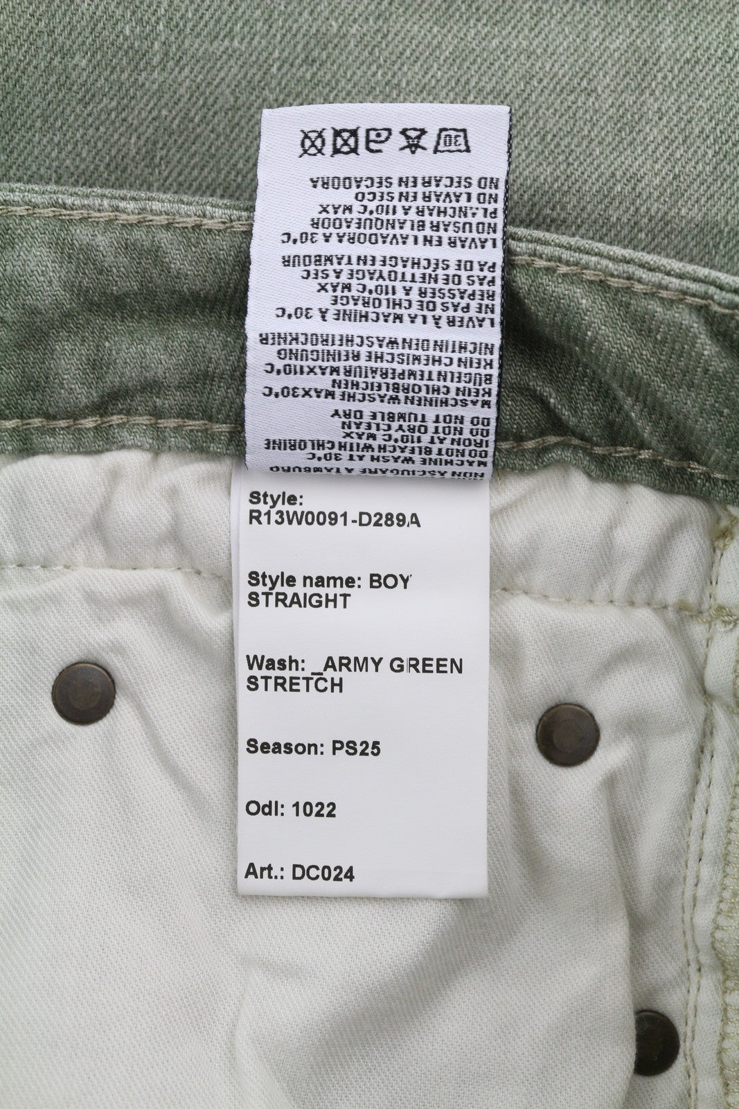 R13 Boy Straight Women Jeans 27 Slim Straight Cropped Army Green Stretch RRP€695