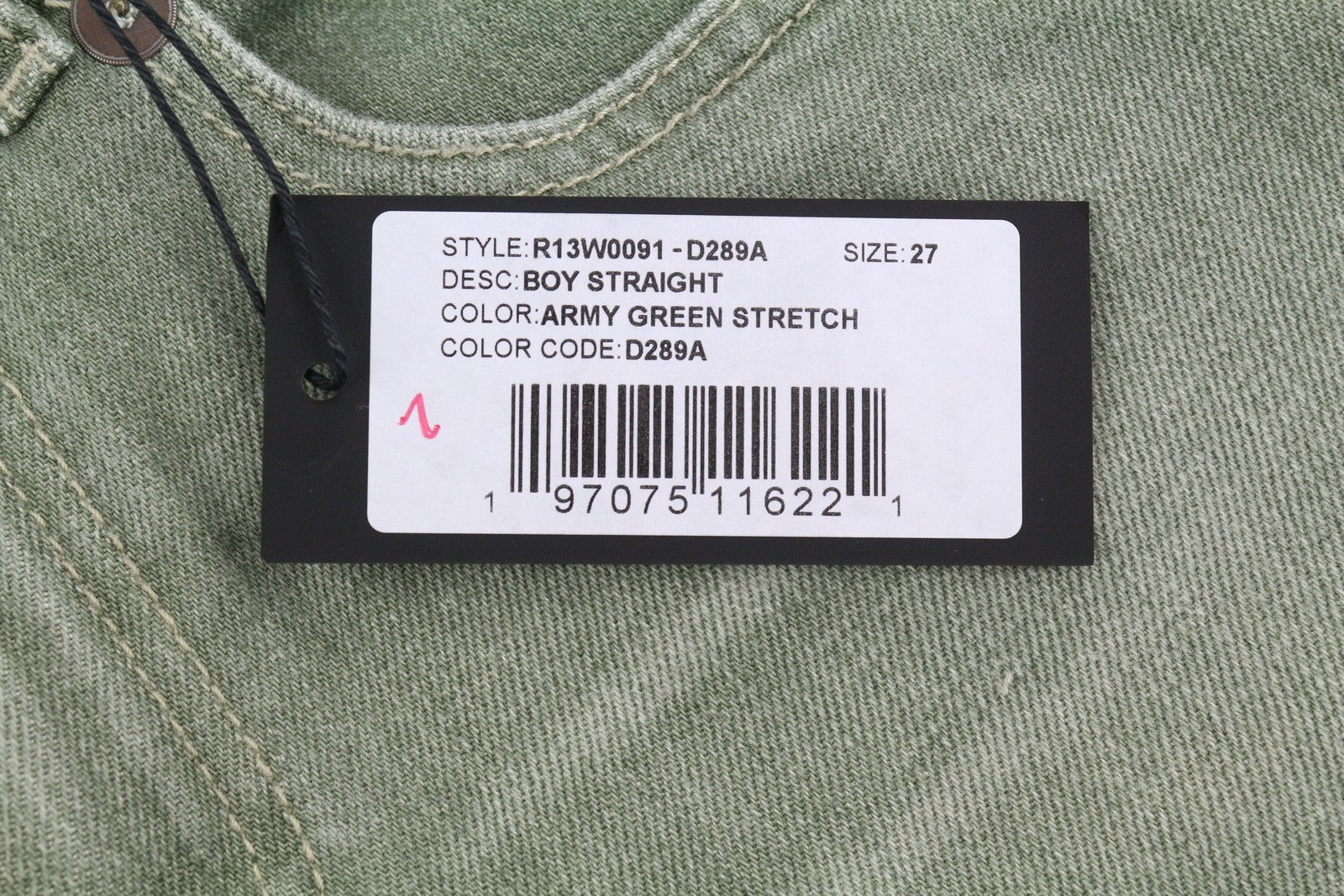 R13 Boy Straight Women Jeans 27 Slim Straight Cropped Army Green Stretch RRP€695