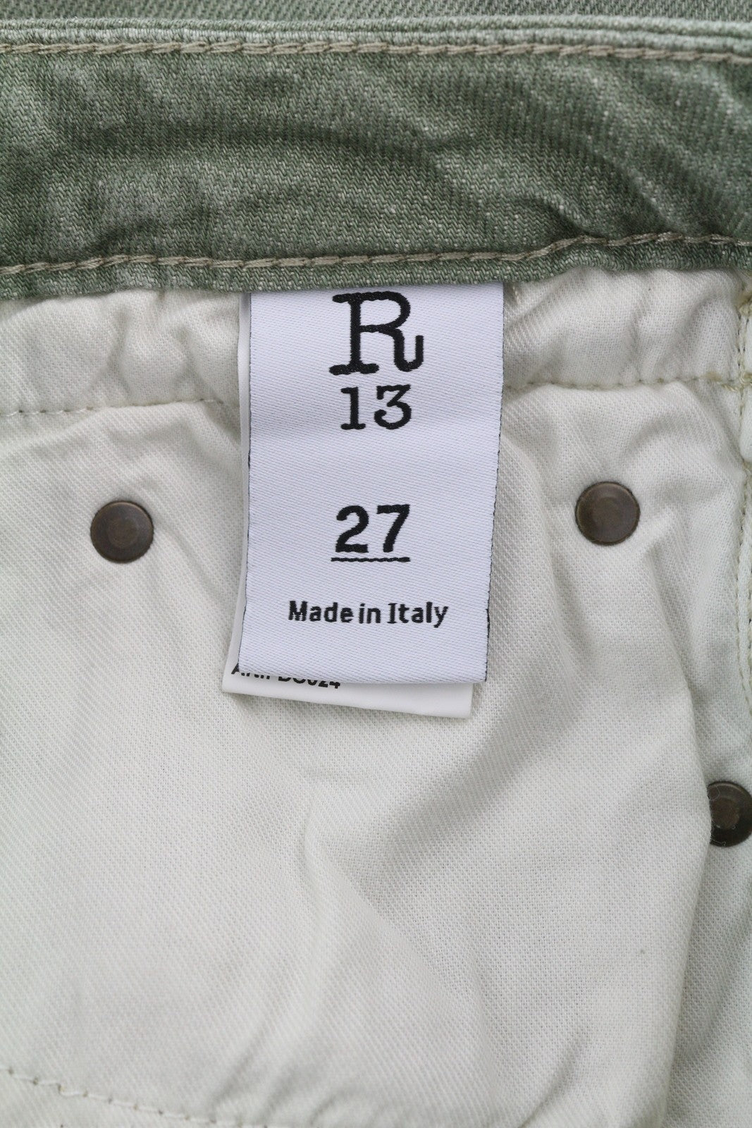 R13 Boy Straight Women Jeans 27 Slim Straight Cropped Army Green Stretch RRP€695