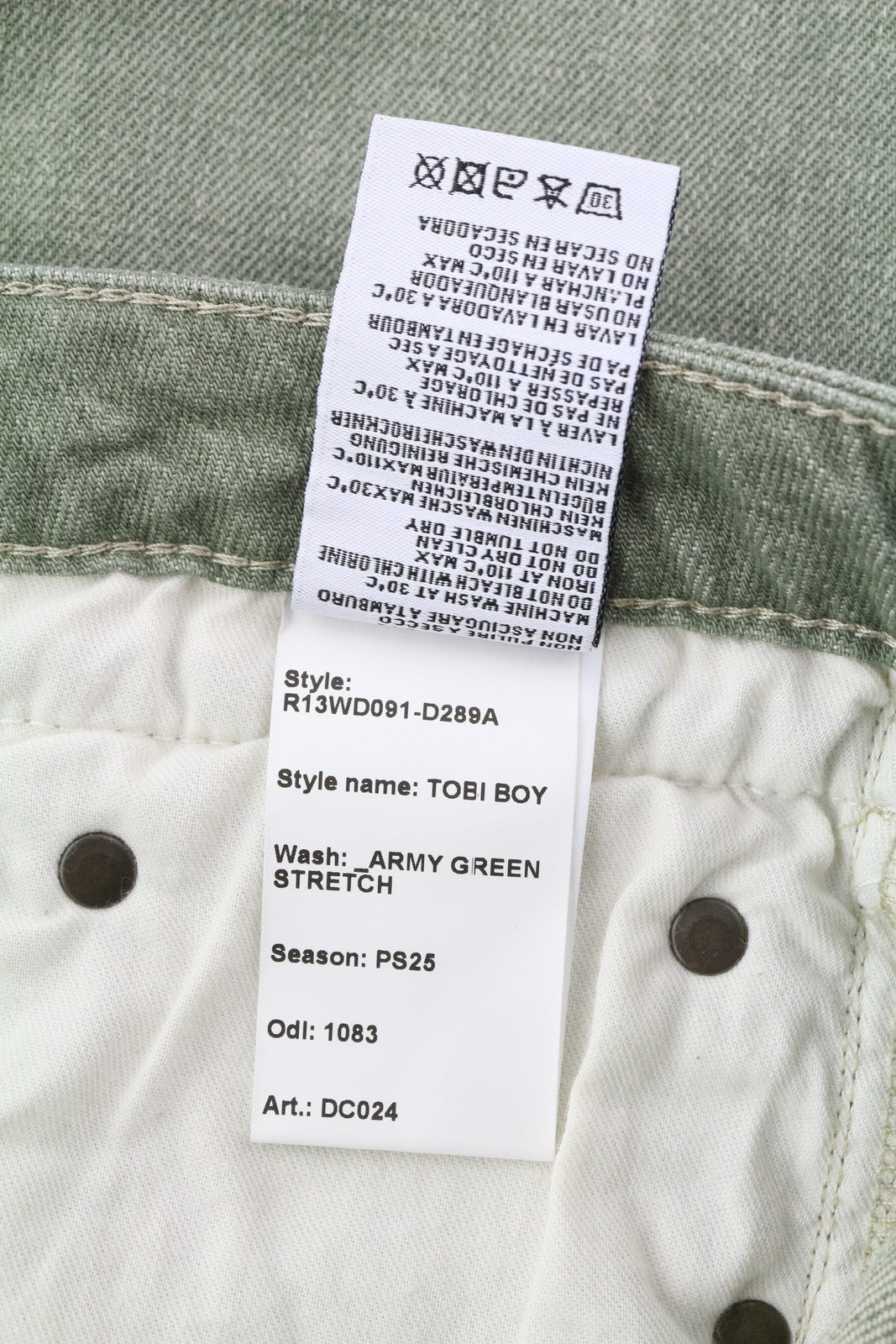 R13 Tobi Boy Women Jeans 27 Low Rise Slim  Washed Army Green Stretchy RRP€695