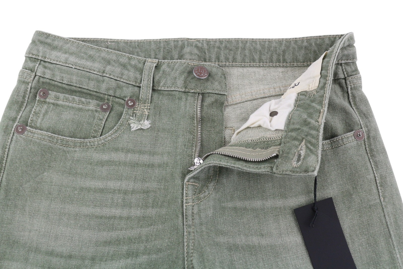 R13 Tobi Boy Women Jeans 27 Low Rise Slim  Washed Army Green Stretchy RRP€695