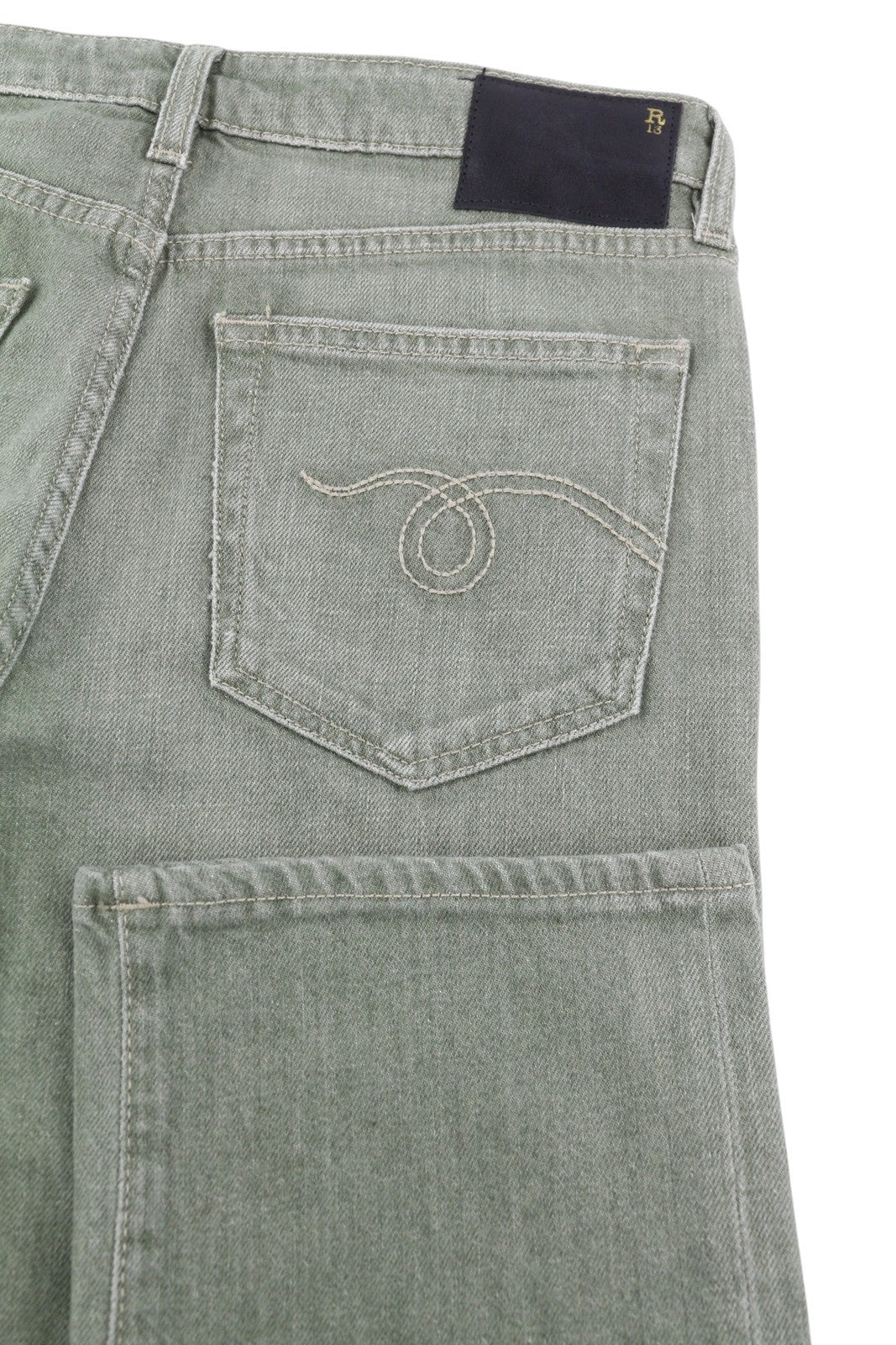 R13 Tobi Boy Women Jeans 27 Low Rise Slim  Washed Army Green Stretchy RRP€695