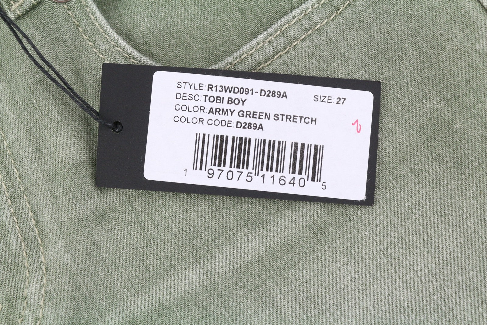 R13 Tobi Boy Women Jeans 27 Low Rise Slim  Washed Army Green Stretchy RRP€695